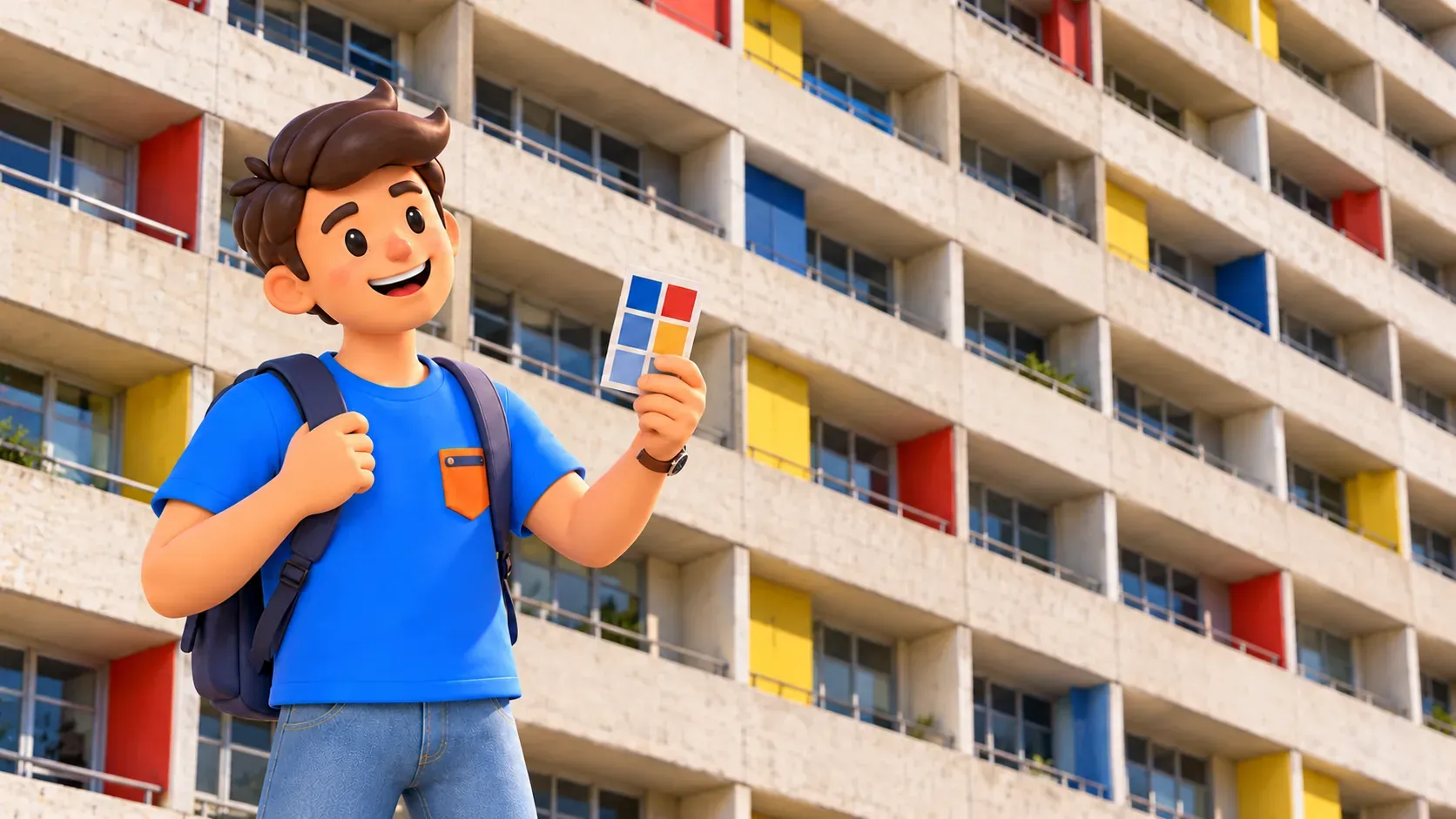 Ilustración de un viajero con muestrario ante una fachada residencial alta con logias de colores.