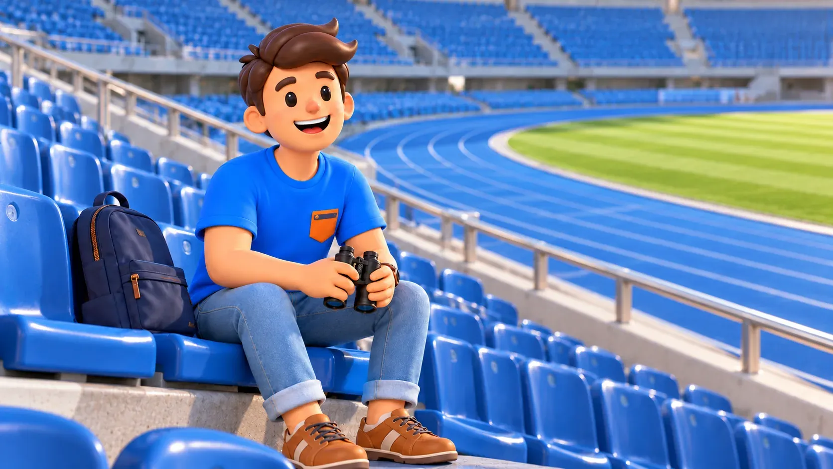 Ilustración de un viajero con prismáticos en una grada azul moderna junto a una pista.