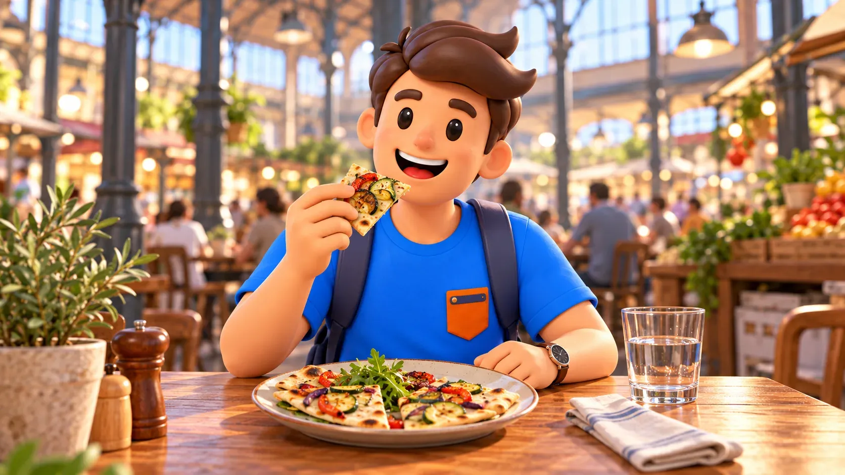 Illustration of a traveller eating vegetable flatbread at a wooden market table.