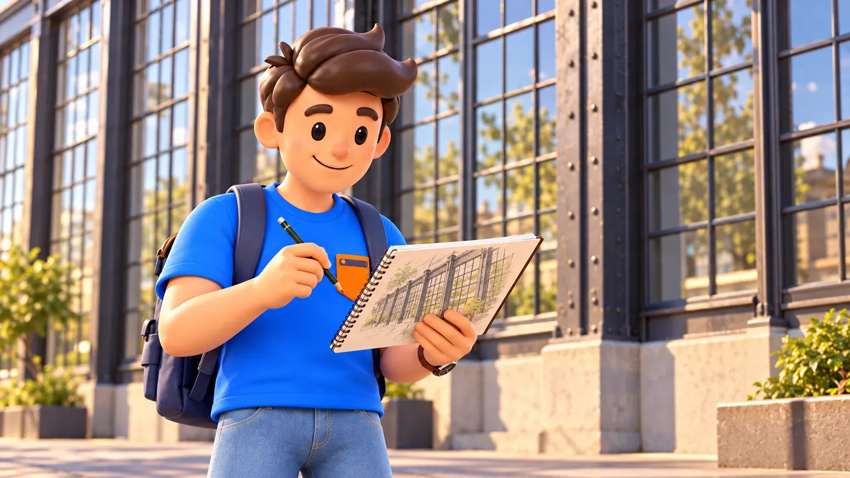 Illustration of a traveller with a pencil and sketchbook beside a cropped steel-and-glass industrial façade.
