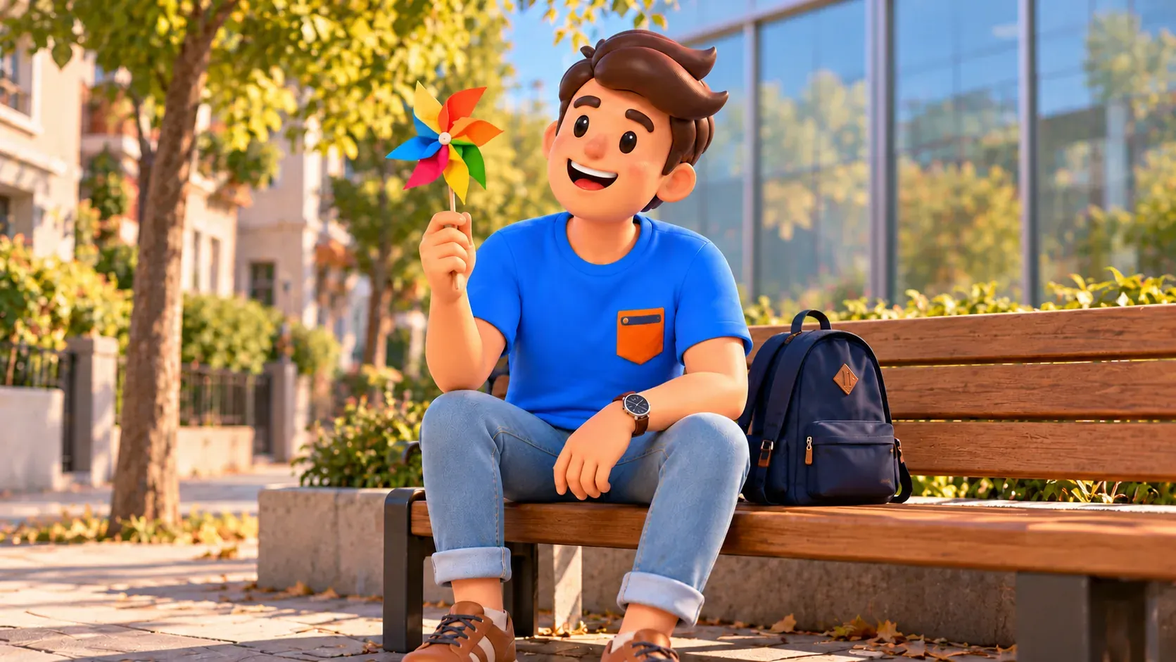 Illustration of a traveller with a paper pinwheel resting on a bench in an imagined street scene.