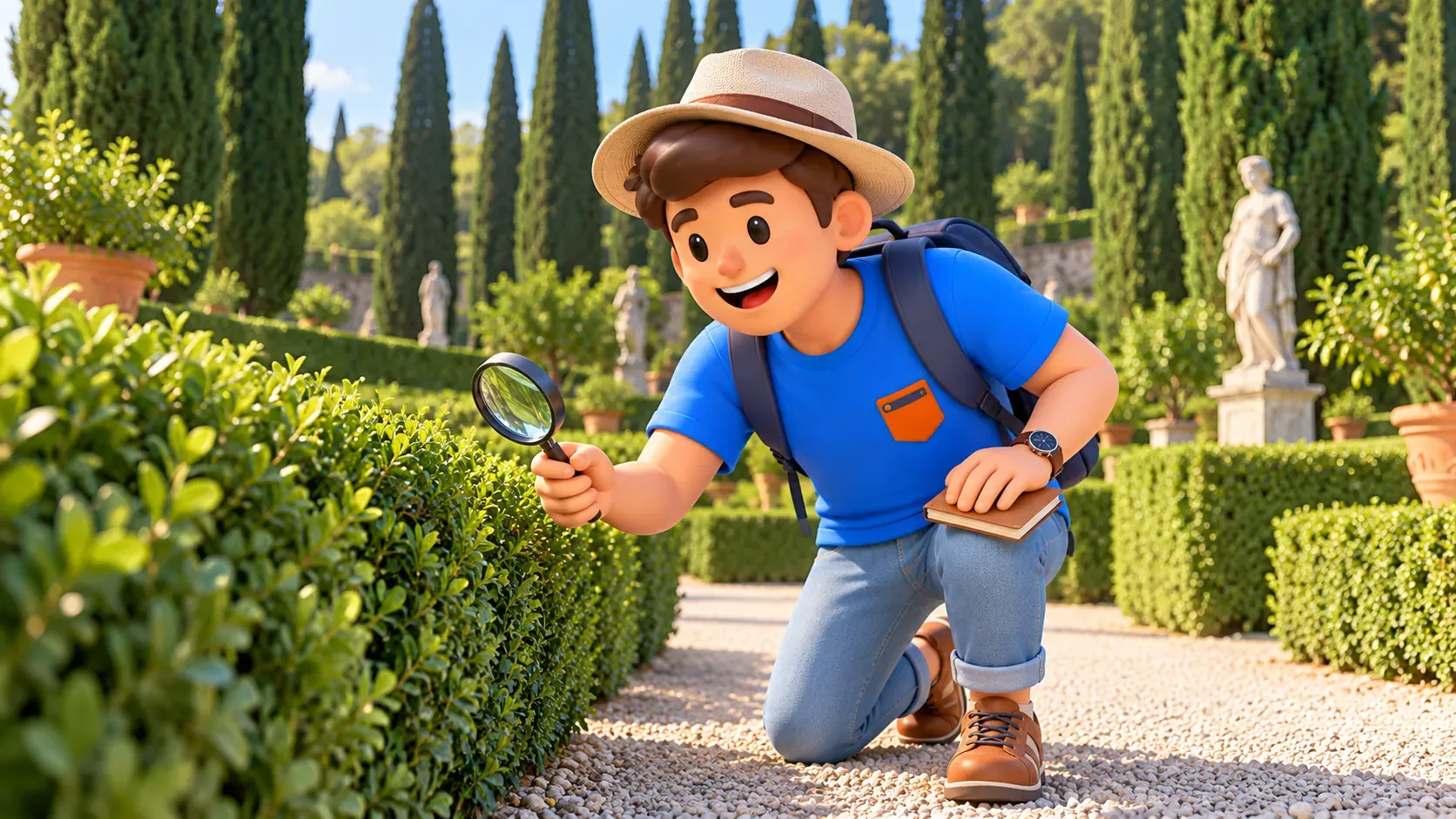 Ilustración del personaje observando un seto con lupa sin salir del camino