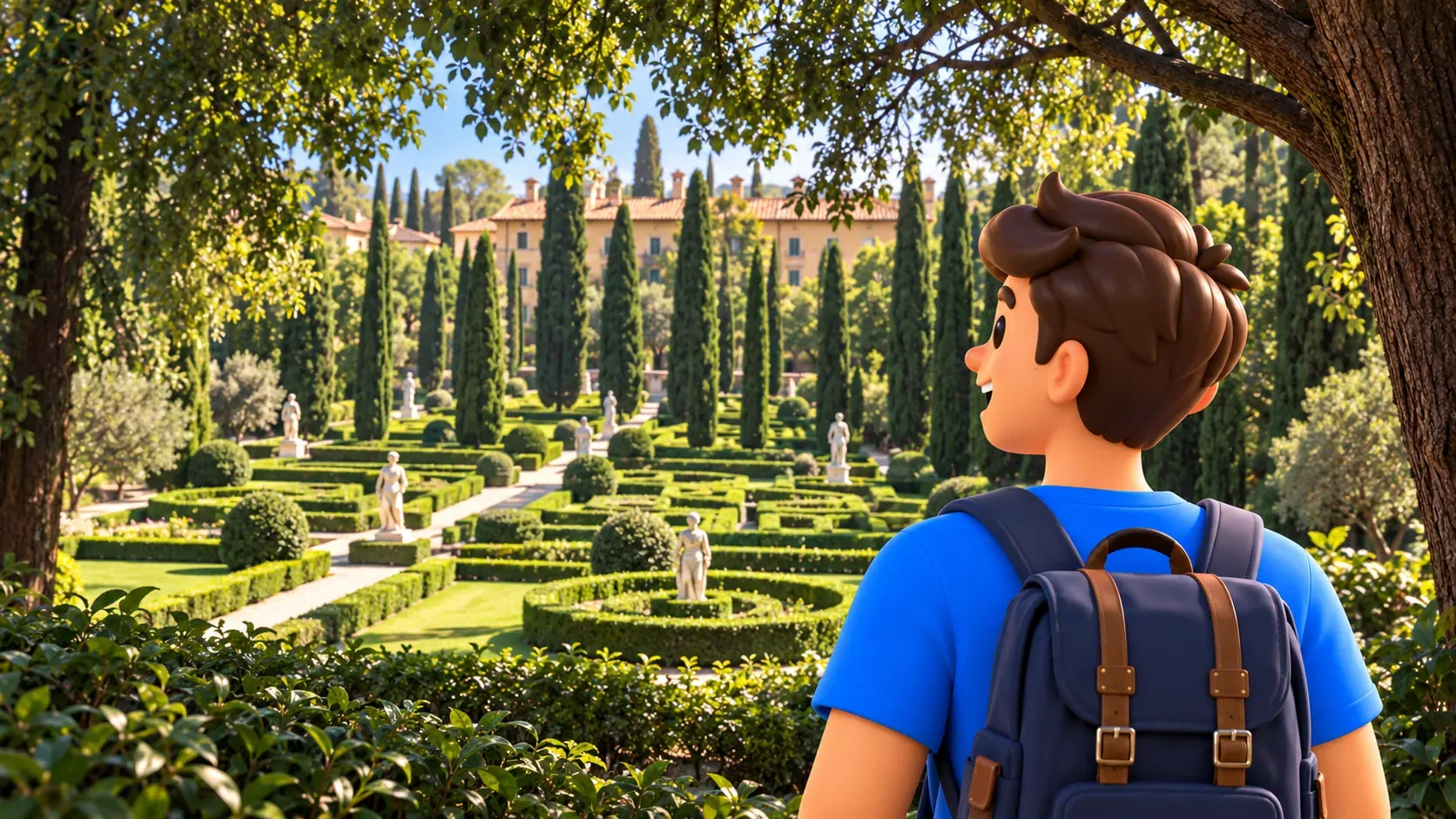 Ilustración de una vista desde la sombra hacia parterres, estatuas y palacio Giusti