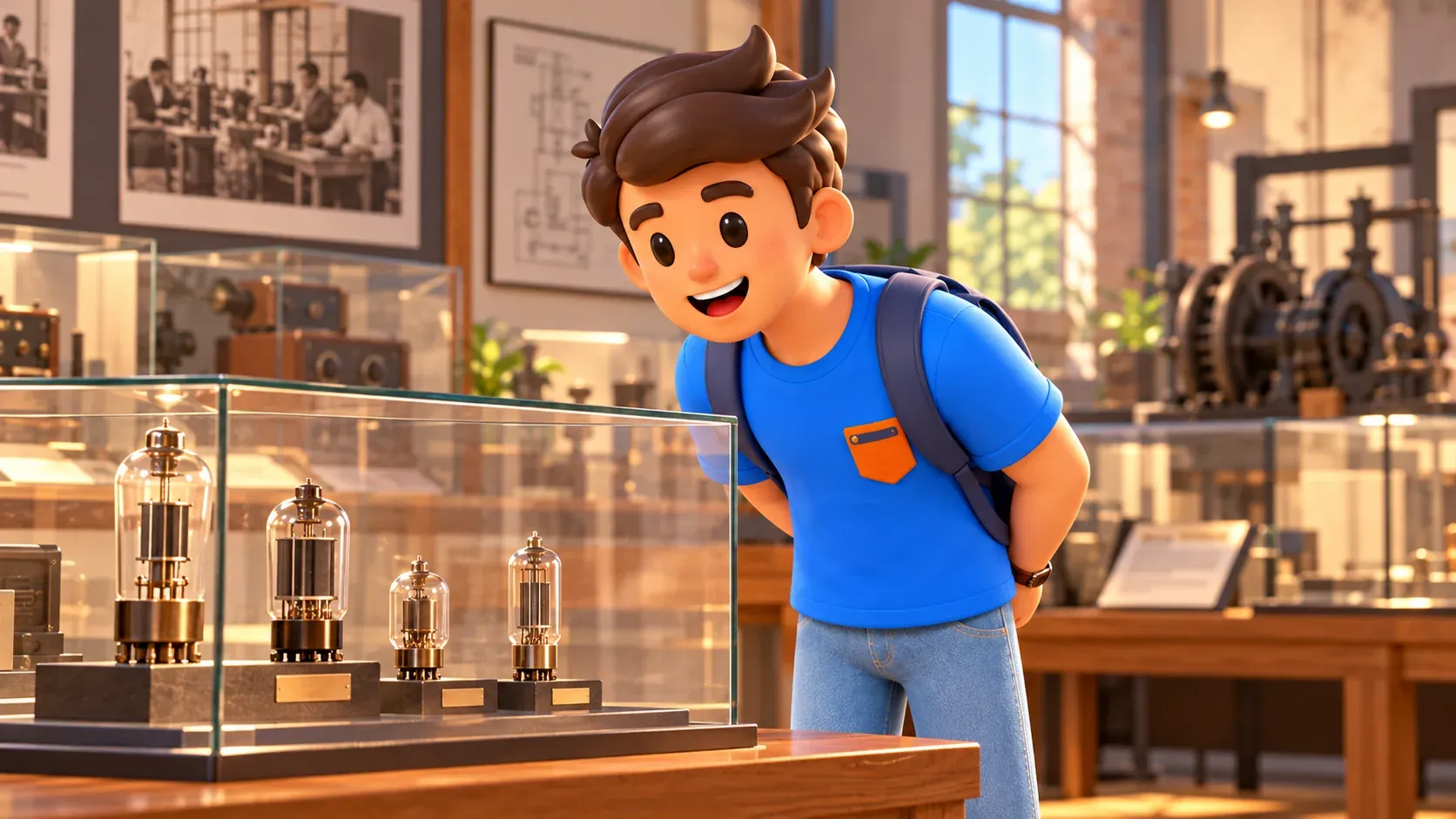 Illustration of a traveller viewing electronic valves in an imagined museum case without touching them.