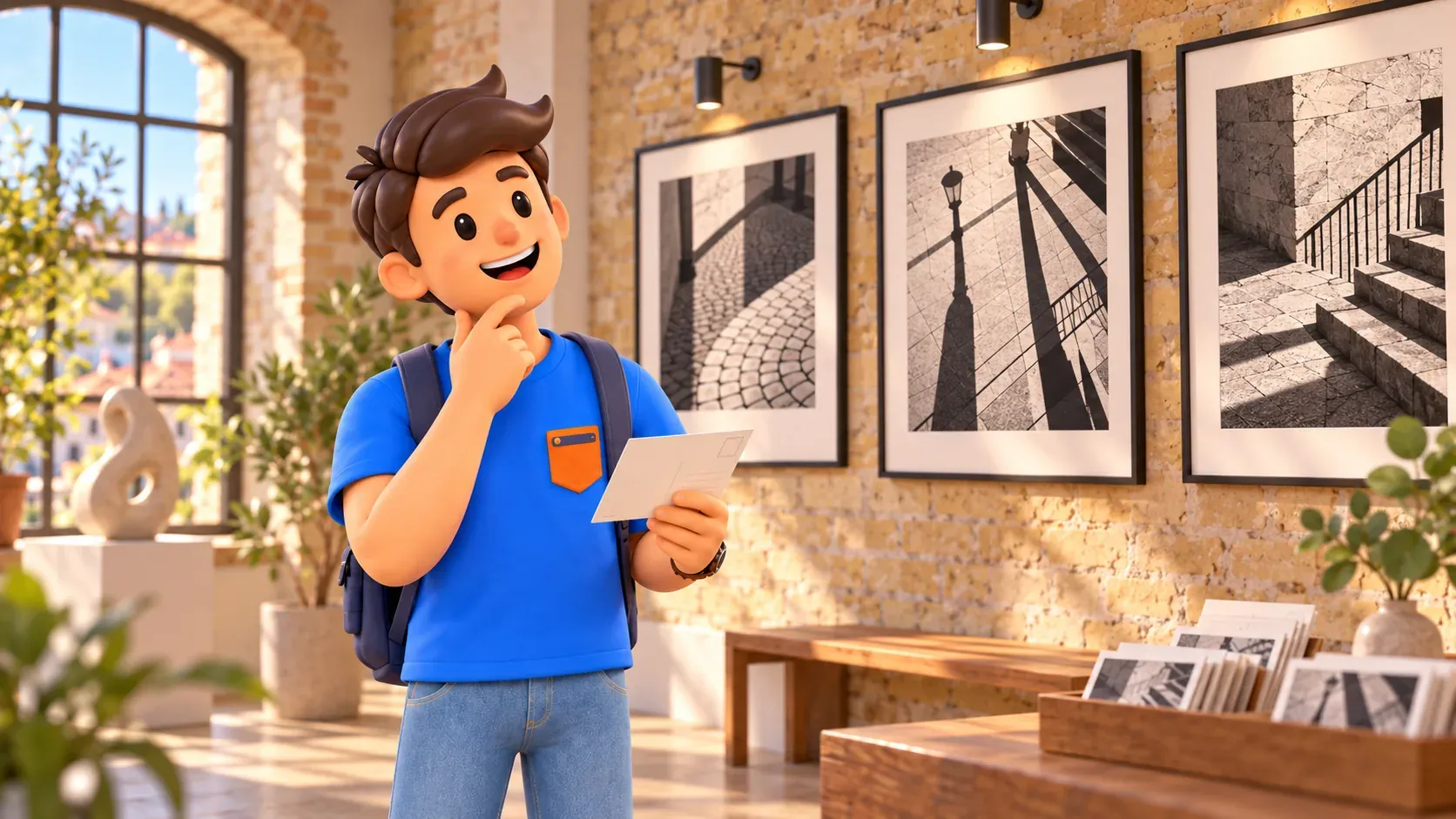 Illustration of a traveller with a postcard viewing invented monochrome photographs in an imagined gallery.
