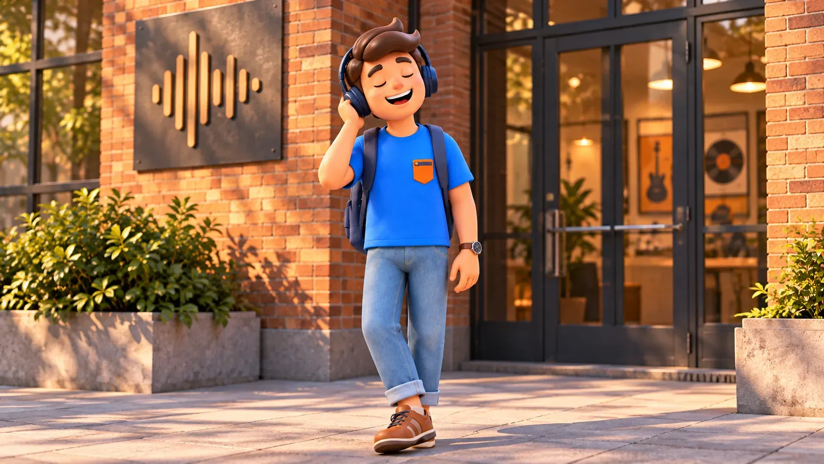Illustration of a traveller wearing headphones beside an imagined brick music studio building.