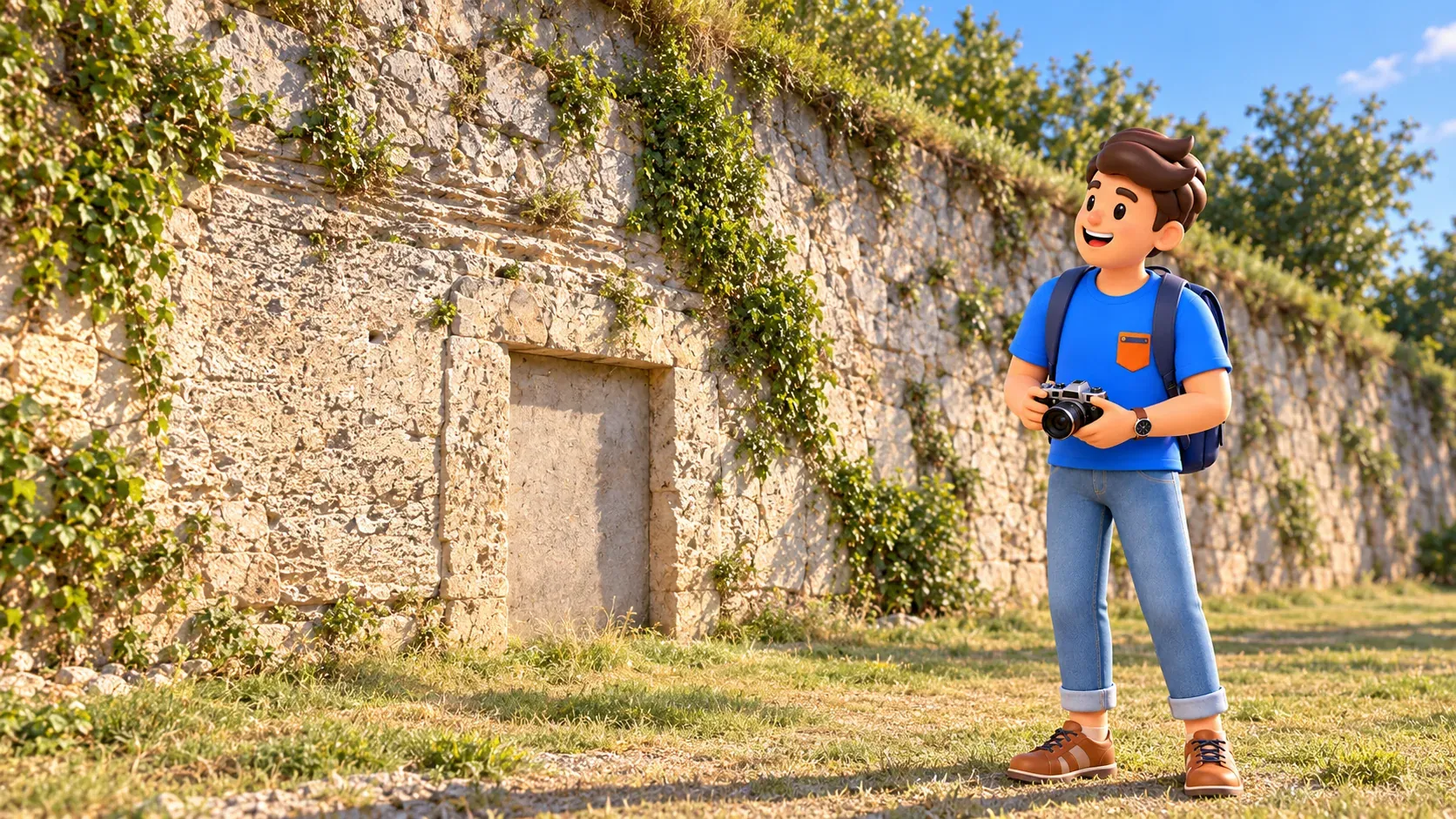 Ilustración del personaje con cámara mirando el muro de piedra de San Felice