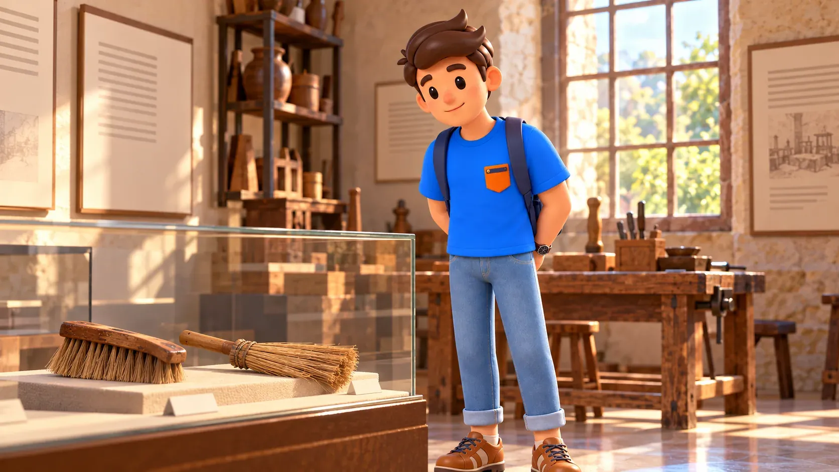 Ilustración de un viajero mirando cepillo y escoba en una vitrina de museo de taller imaginario.