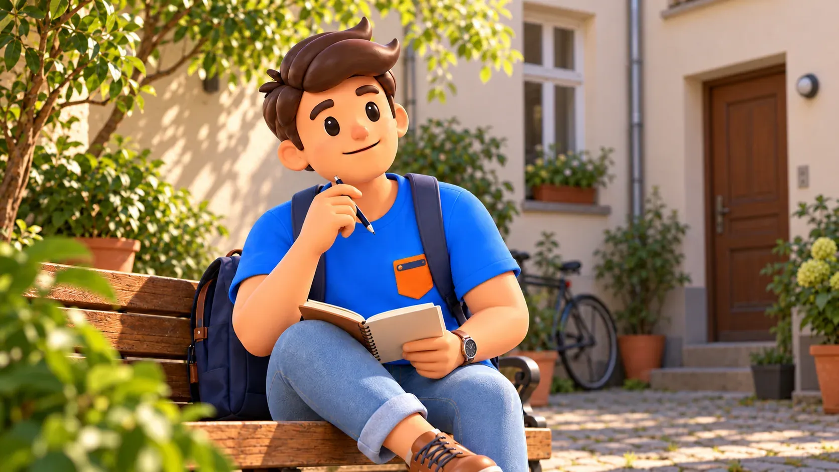 Ilustración de un viajero con lápiz y cuaderno en un banco de un patio imaginario.