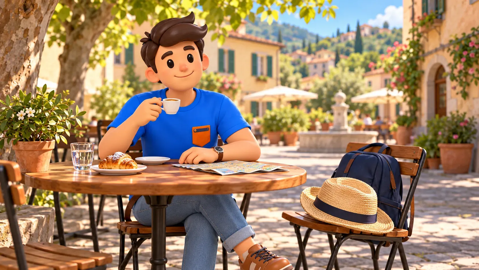 Illustration einer entspannten Kaffeepause auf einem ruhigen Platz nach dem Spaziergang