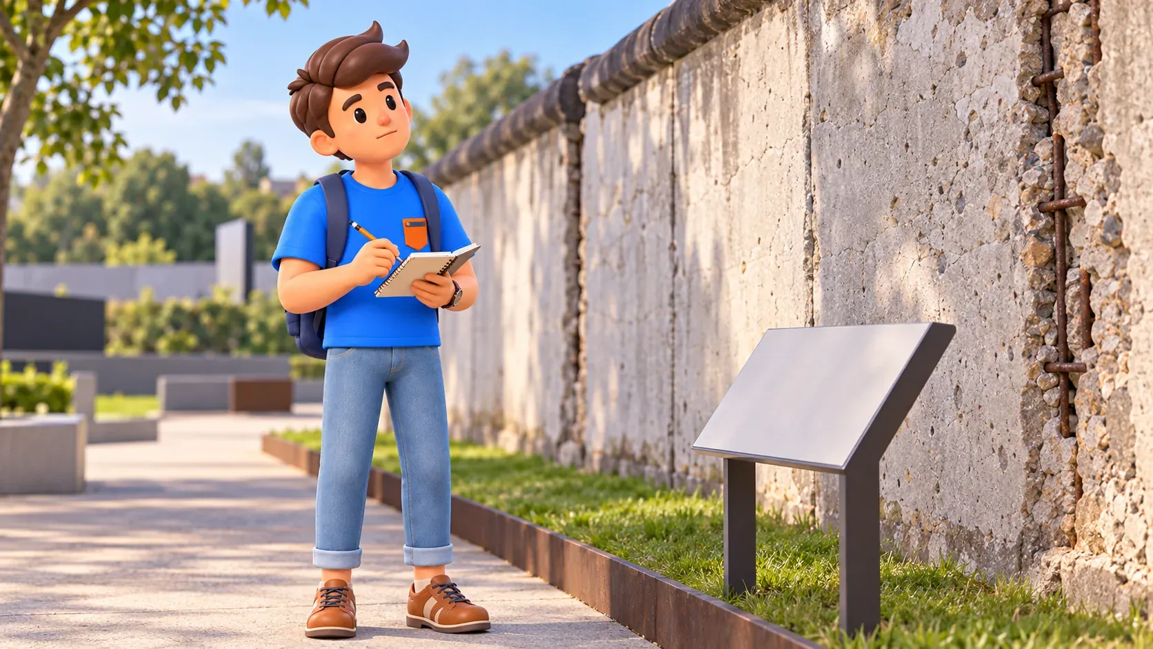 Illustration of a thoughtful traveller with a pencil and notebook beside a concrete wall.