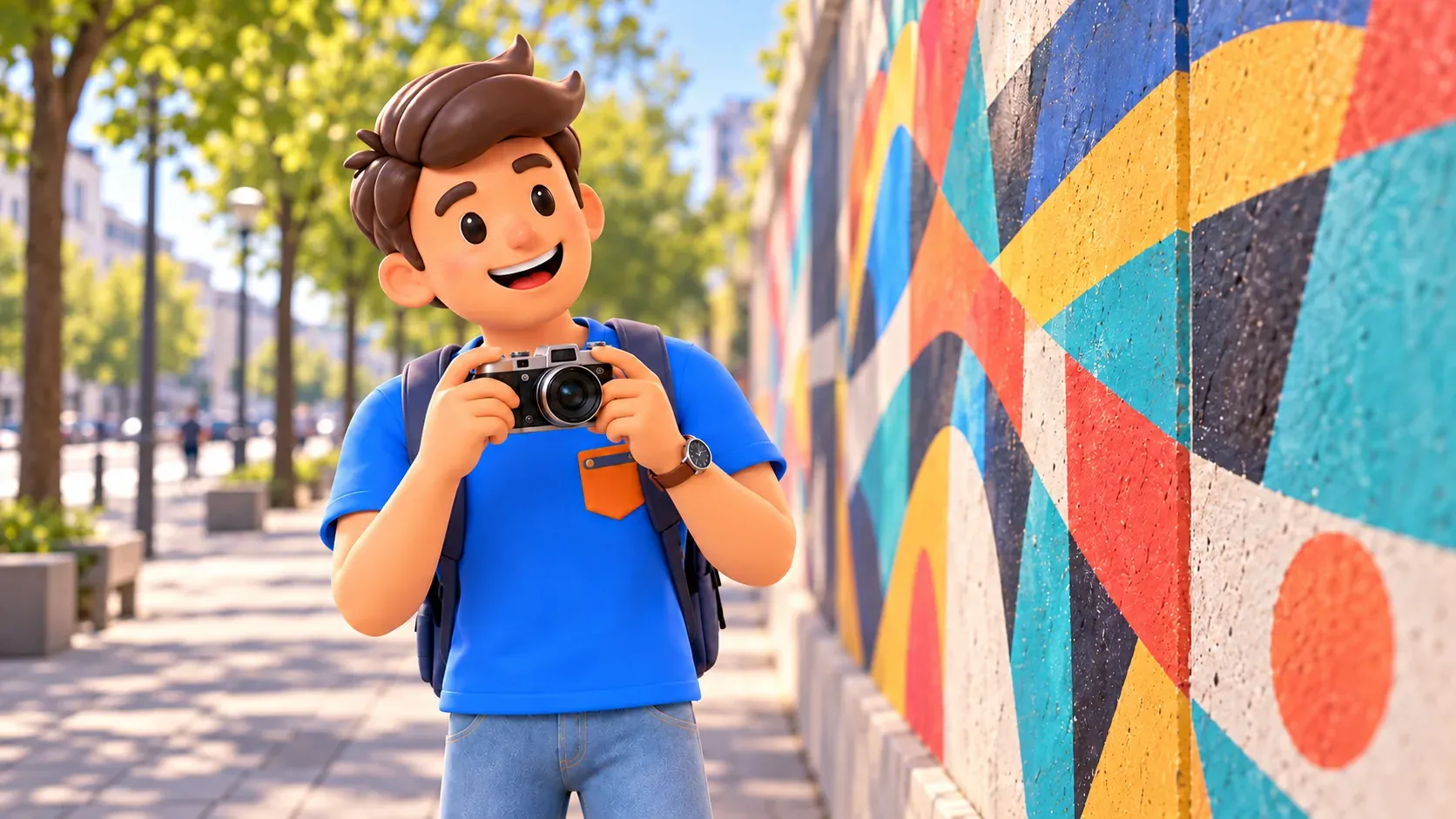 Illustration of a traveller with a camera looking at an abstract wall painting.