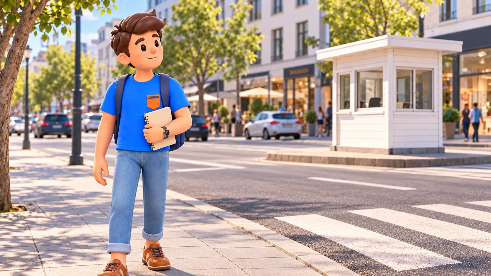 Illustration of a traveller with a notebook on an imagined city street by a white control booth.