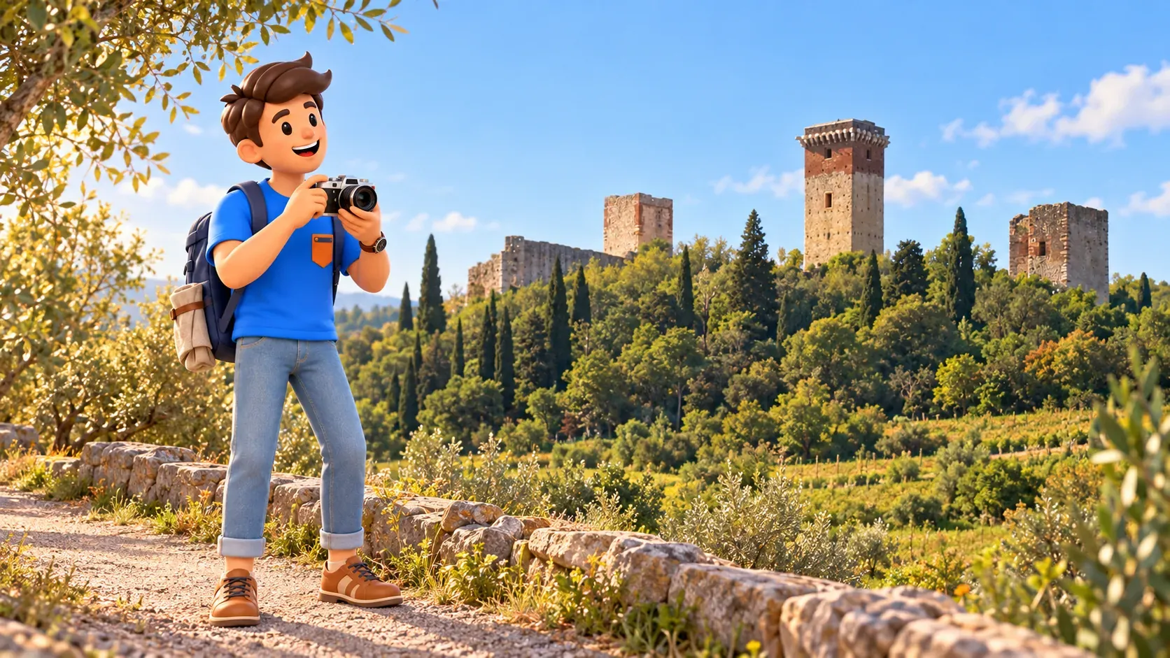 Illustration eines Reisenden mit Kamera vor der Silhouette der Burg Montorio