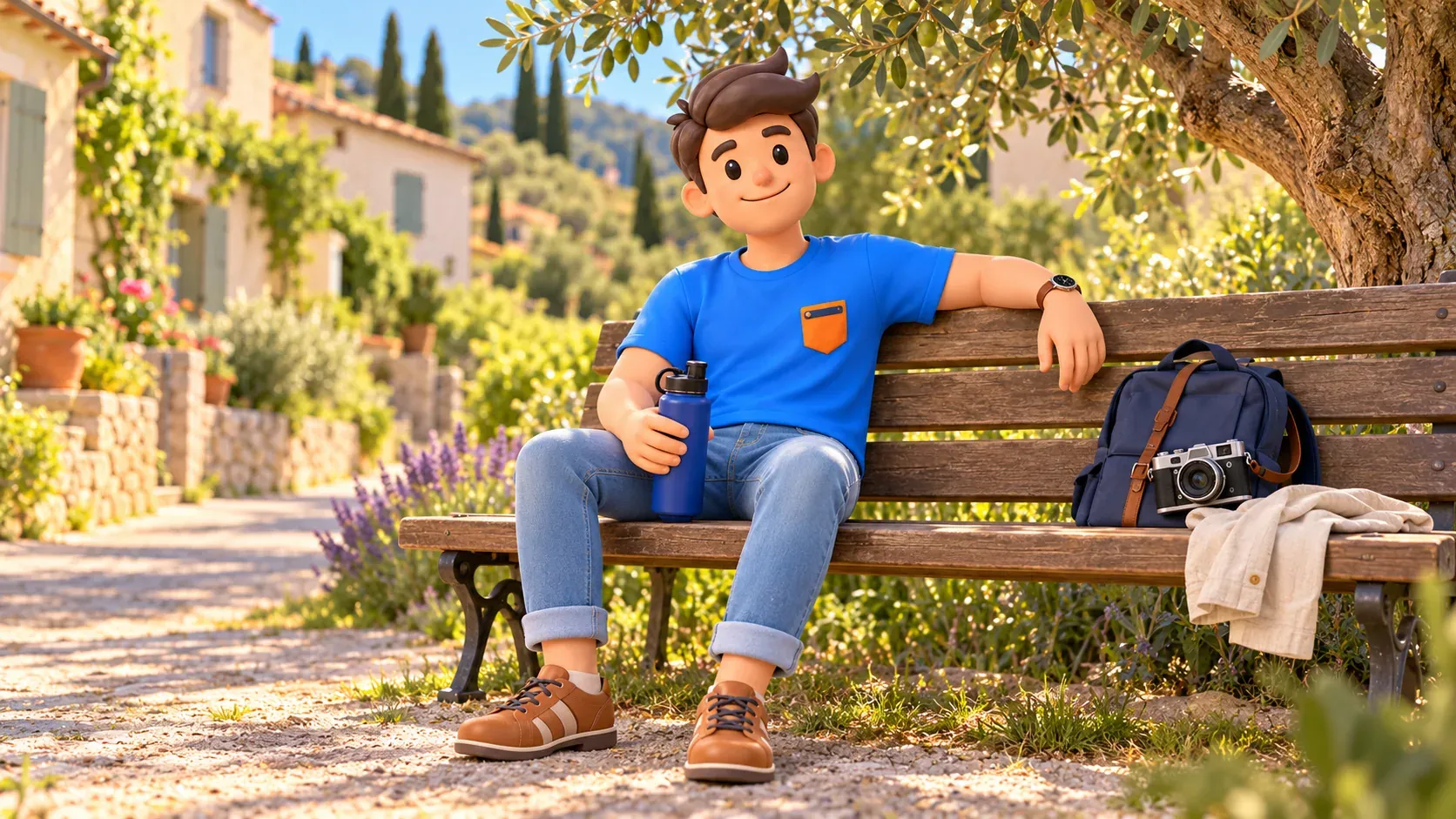Illustration einer Pause auf einer Bank mit Wasser und Rucksack nach dem Spaziergang