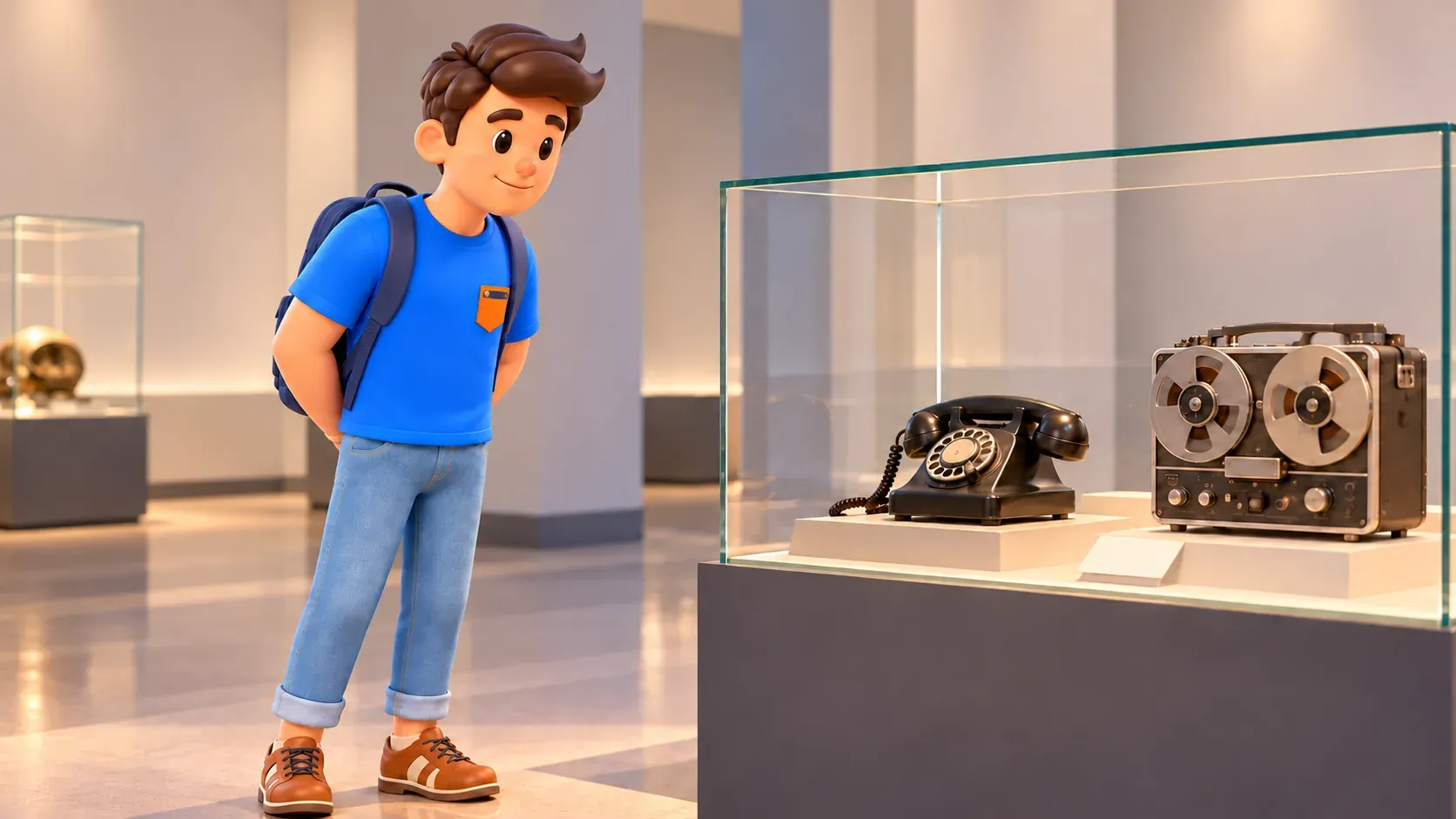 Illustration d’un voyageur regardant téléphone et magnétophone dans une vitrine imaginaire.