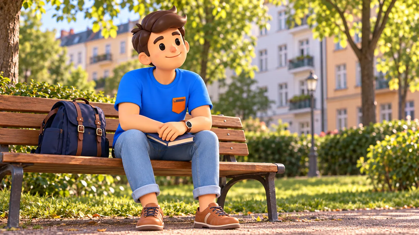 Illustration d’un voyageur au repos avec carnet fermé sur un banc dans un square calme.