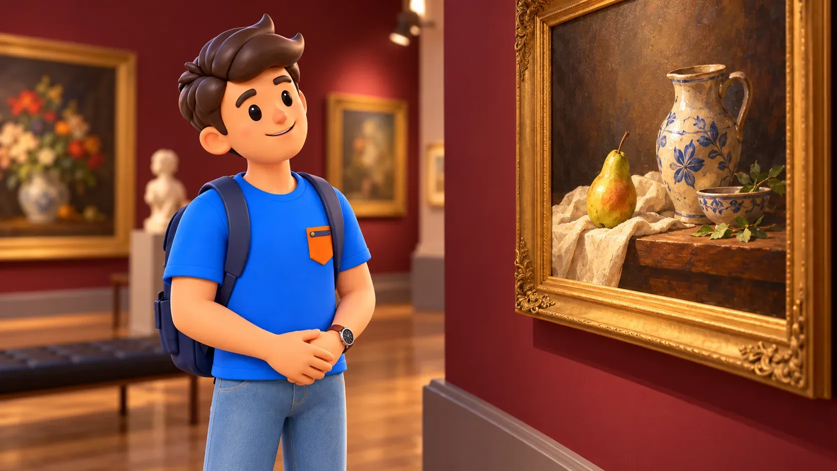Ilustración de un viajero observando un bodegón imaginario con pera y jarra.