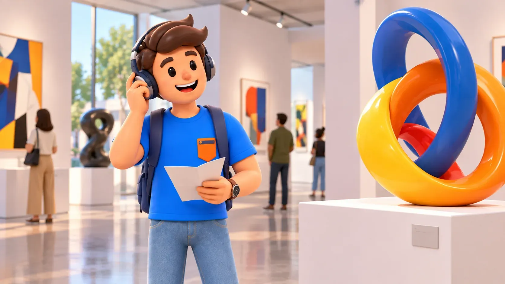 Ilustración de un viajero con auriculares ante una escultura imaginaria de aros de colores.