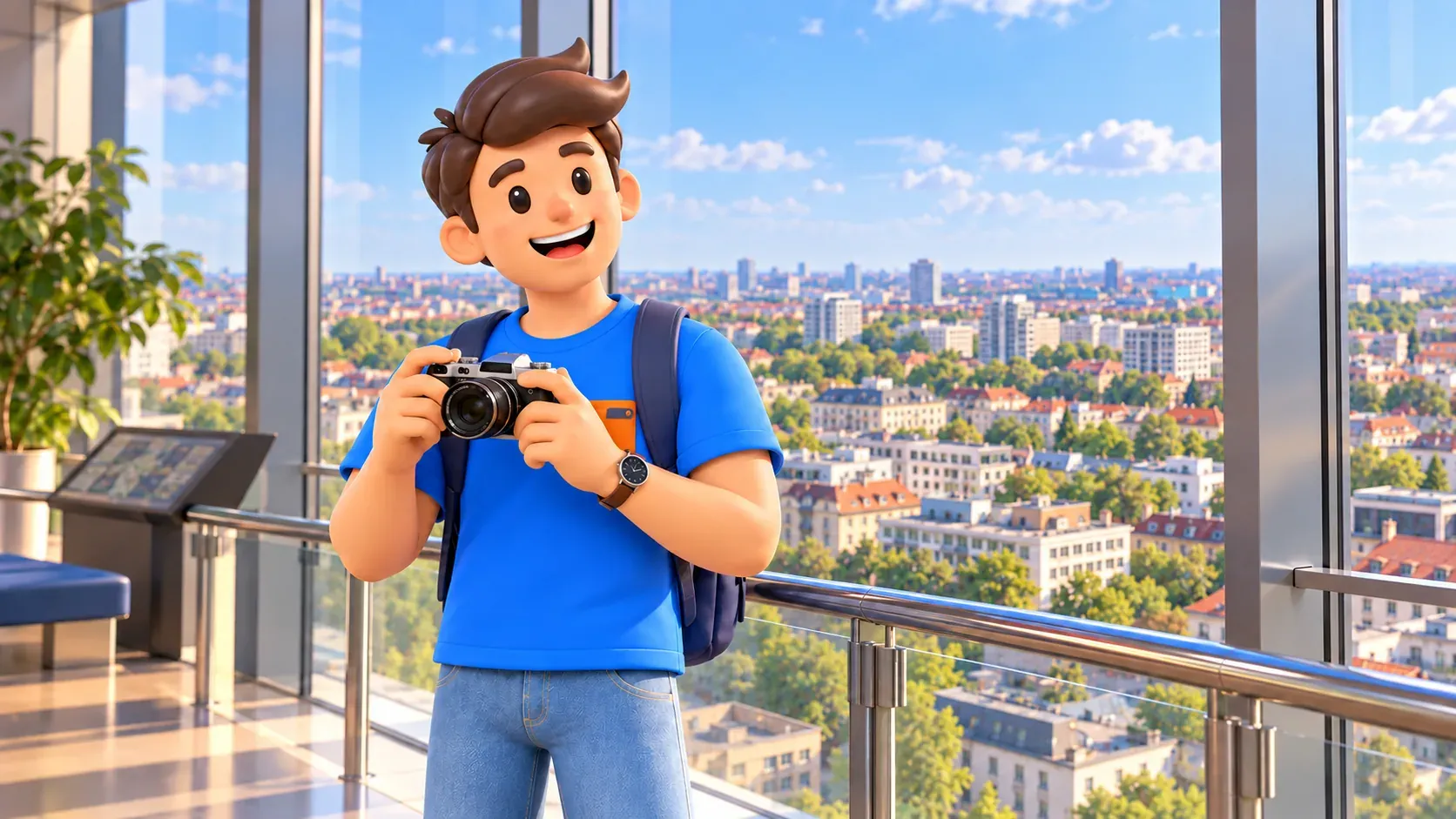 Ilustración de un viajero con cámara junto a ventanas panorámicas de un mirador interior imaginario.