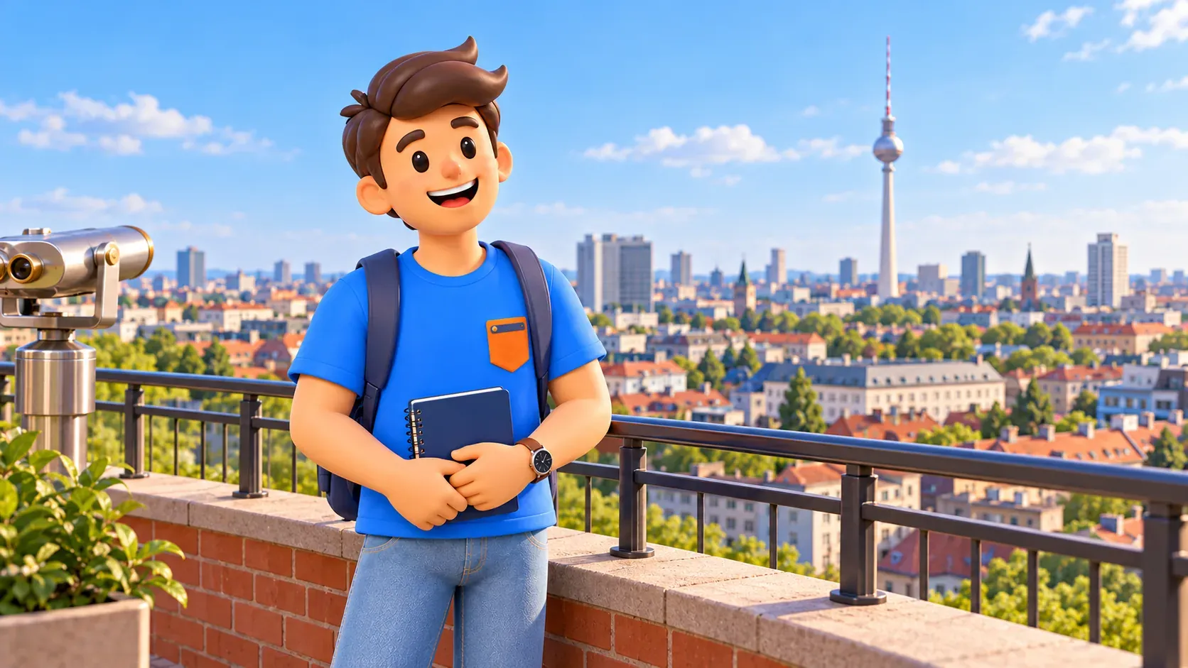 Ilustración de un viajero con cuaderno en una terraza imaginaria, con silueta de la torre al fondo.