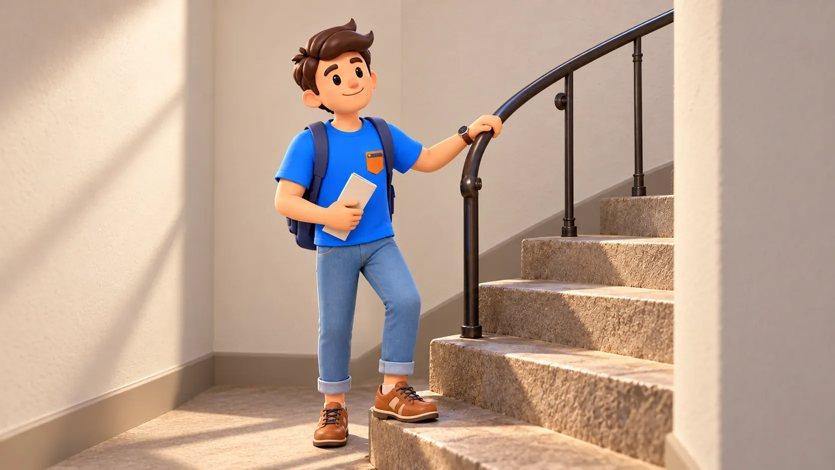 Ilustración de un viajero con programa junto a escalones sencillos en una escalera cerrada.