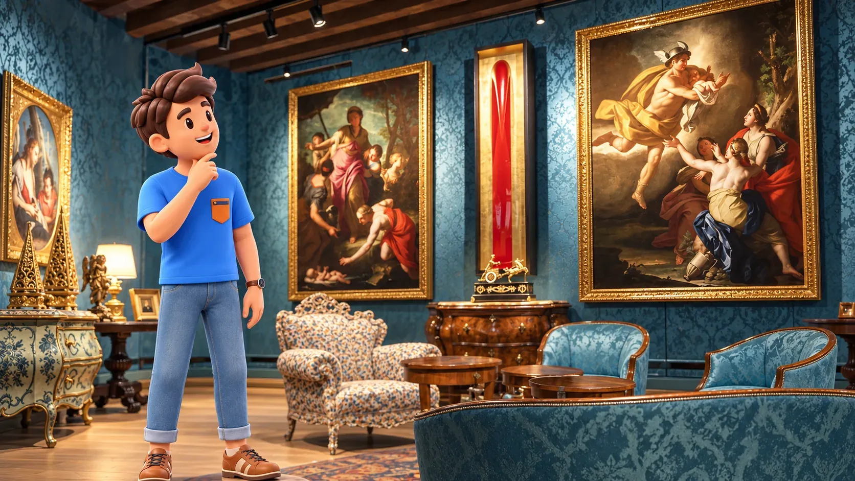 Illustration d’un voyageur regardant des œuvres dans une salle inspirée de Palazzo Maffei