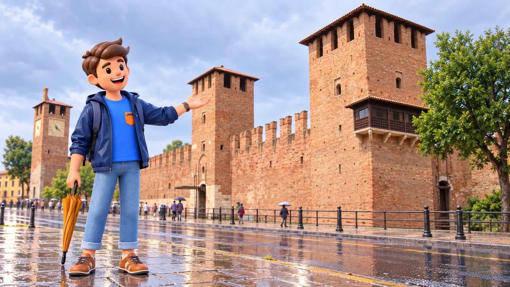 Illustration d’un voyageur avec un parapluie fermé devant les tours de Castelvecchio