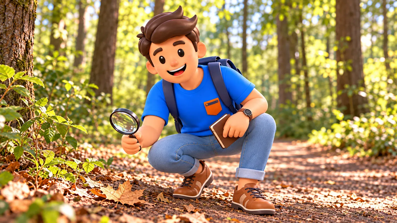 Ilustración de un viajero mirando una hoja caída con lupa en un sendero del bosque.