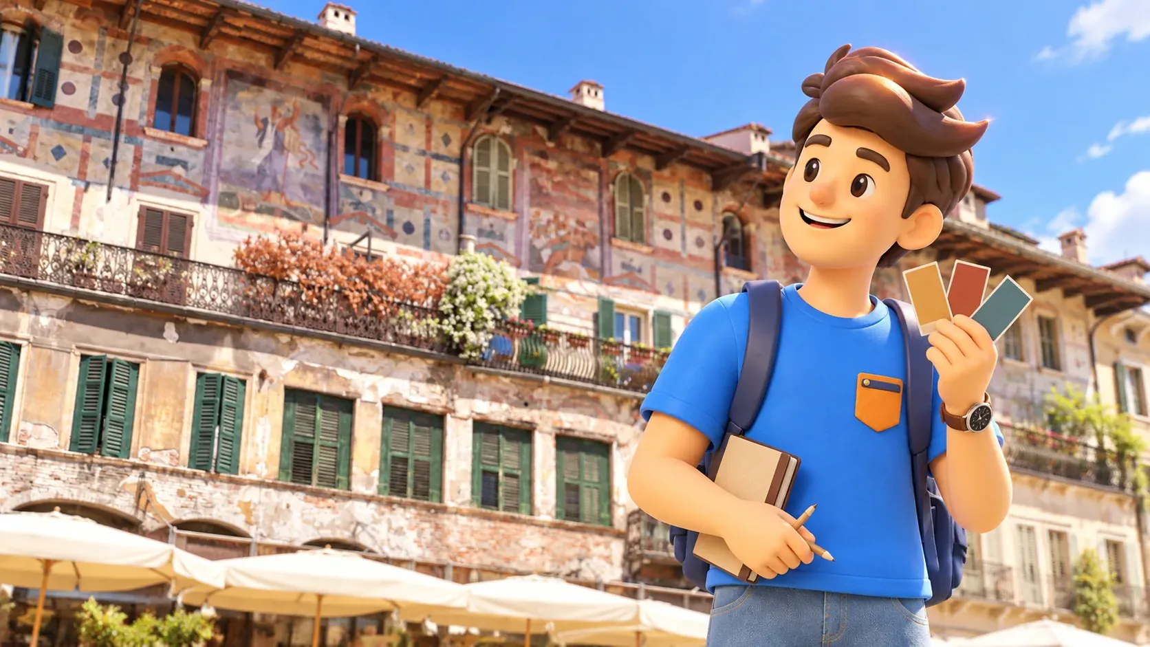 Illustration d’un voyageur comparant des couleurs aux façades peintes des maisons Mazzanti
