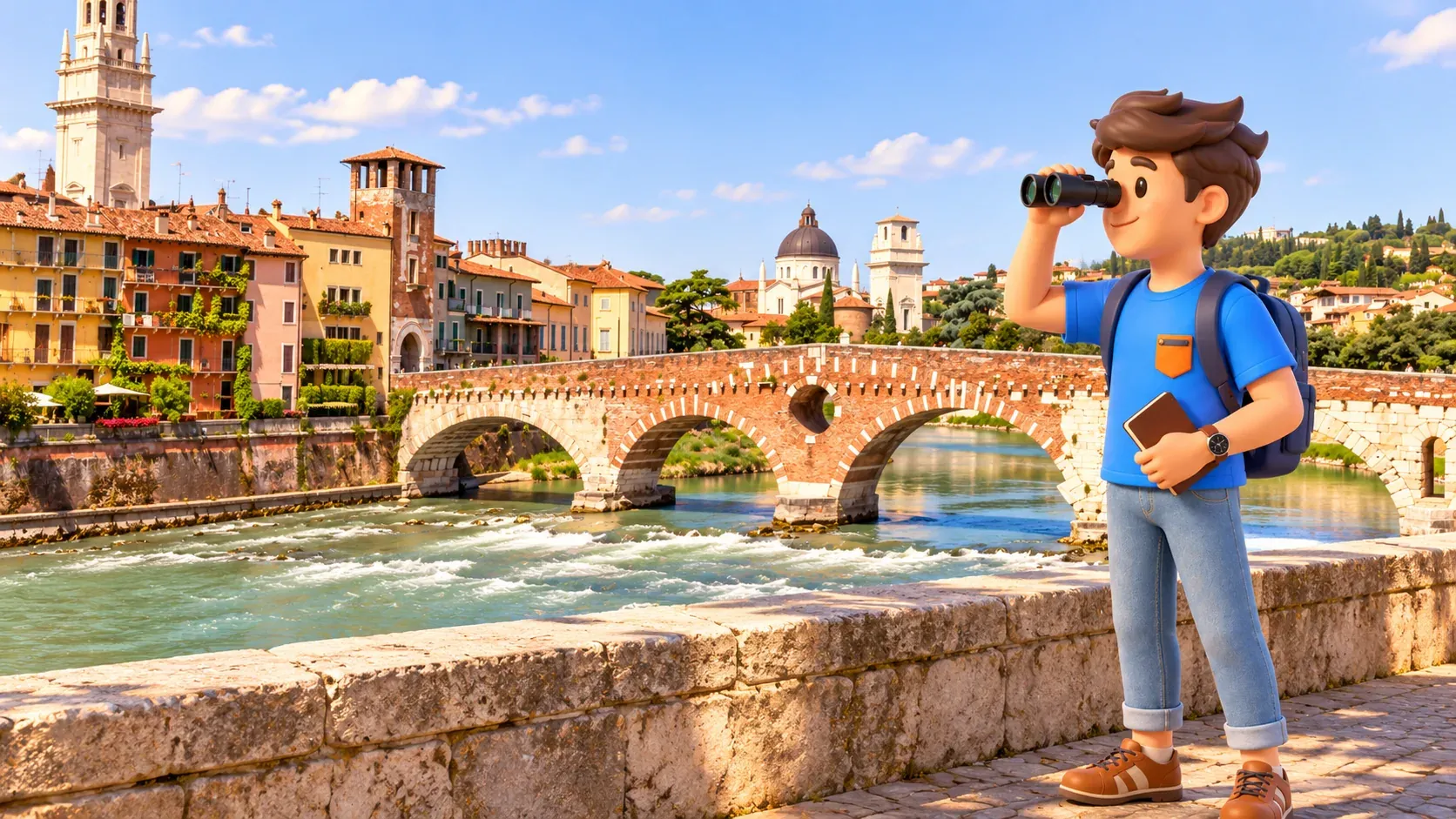 Illustration d’un voyageur avec des jumelles près de Ponte Pietra et de l’Adige