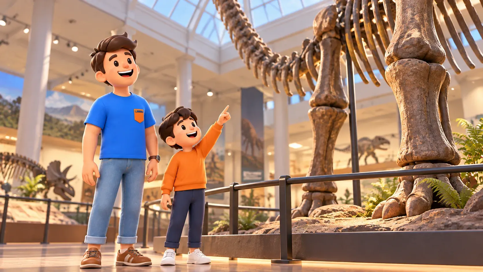 Illustration of a traveller without a backpack and a child looking up at part of a long-necked dinosaur skeleton behind a barrier.