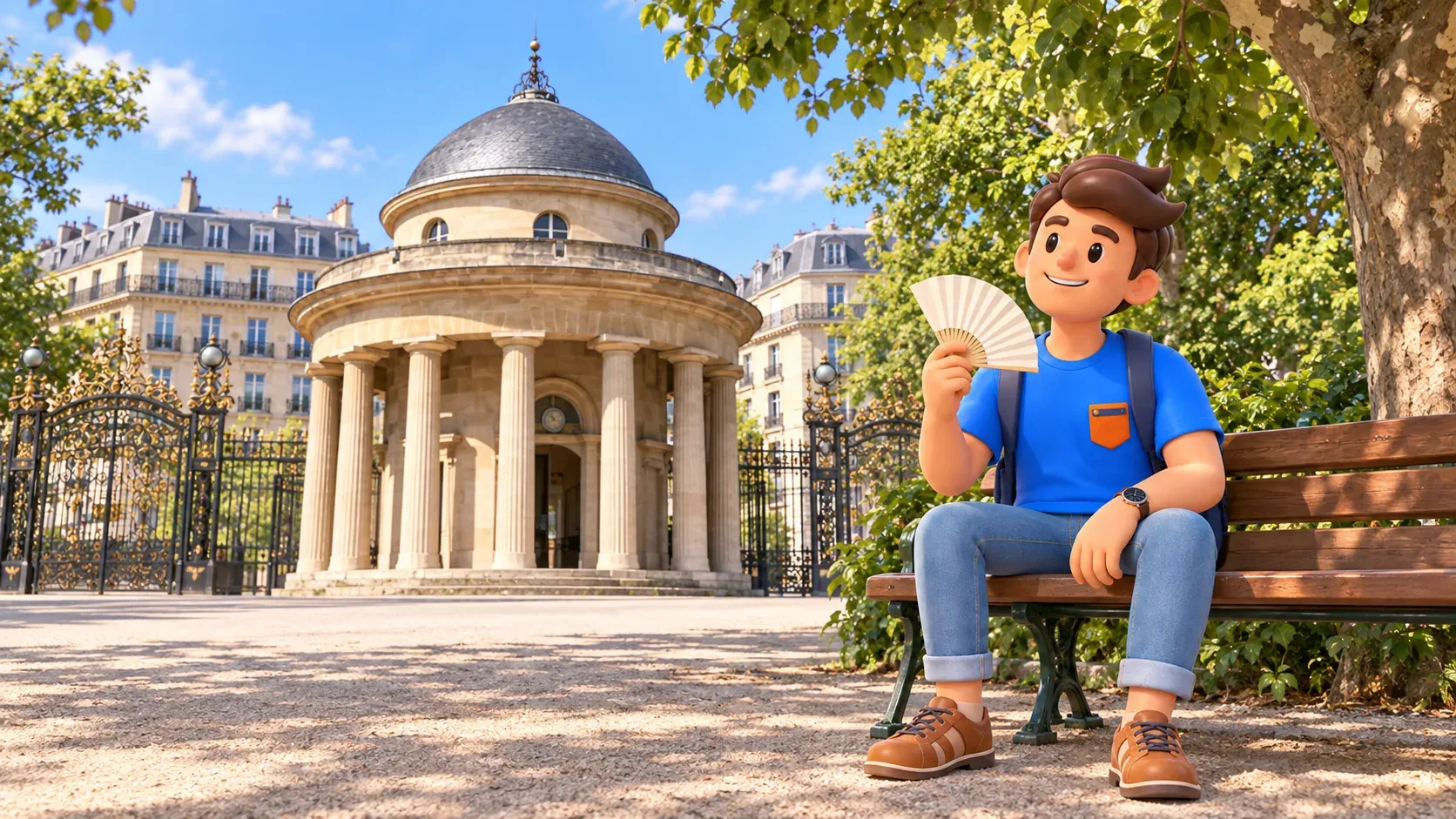 A traveler rests with a paper fan on a bench beside the entrance rotunda at Parc Monceau.