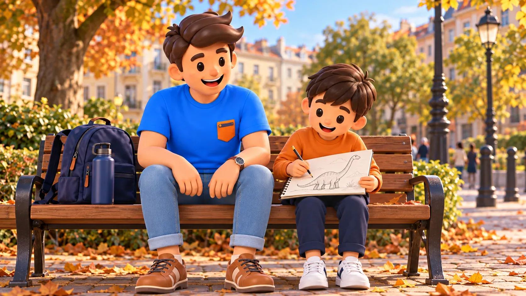 Illustration of a child drawing a dinosaur on a city-park bench beside a traveller.