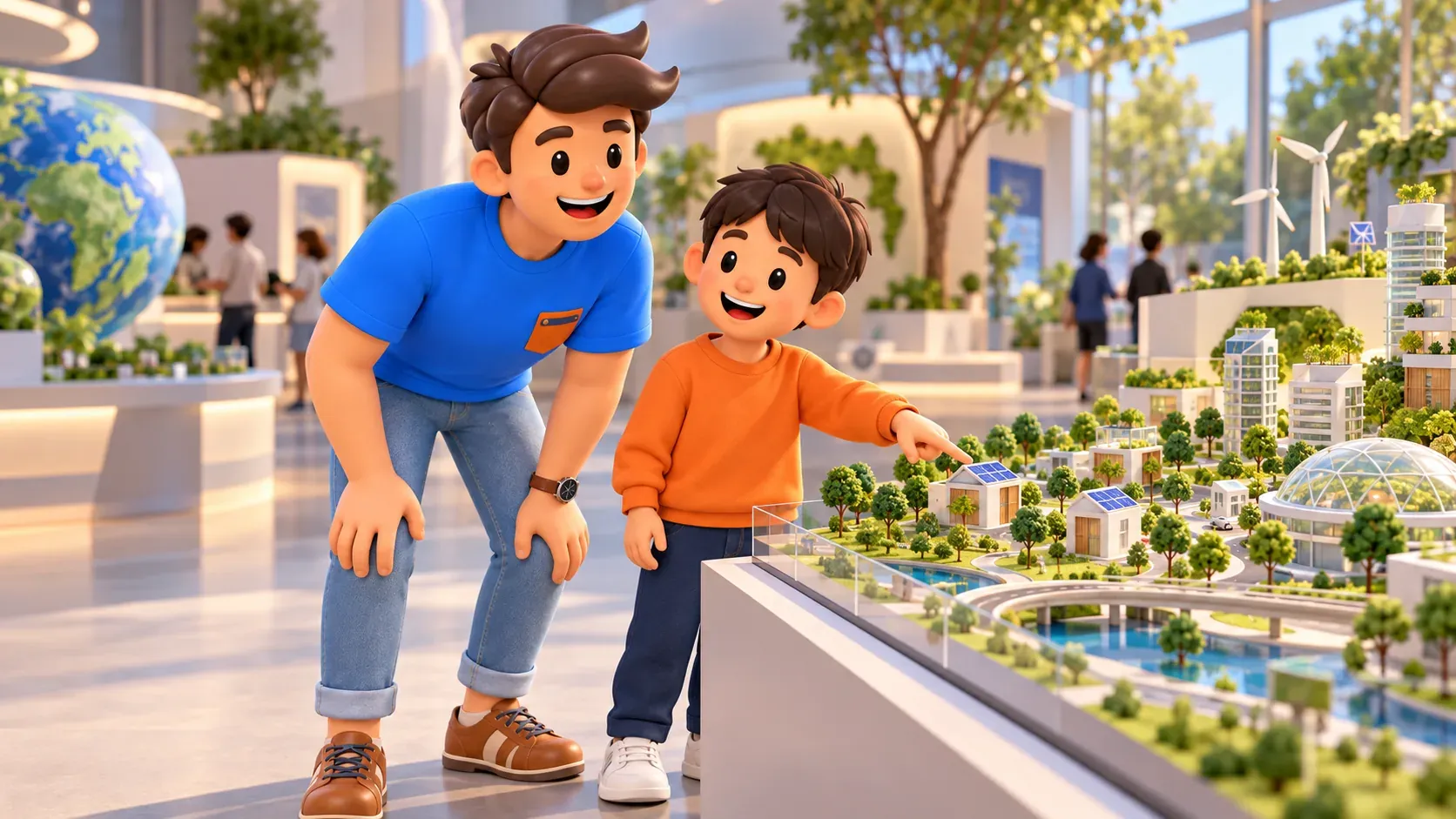 Illustration of a traveller and child looking at an imagined model of a green future city.