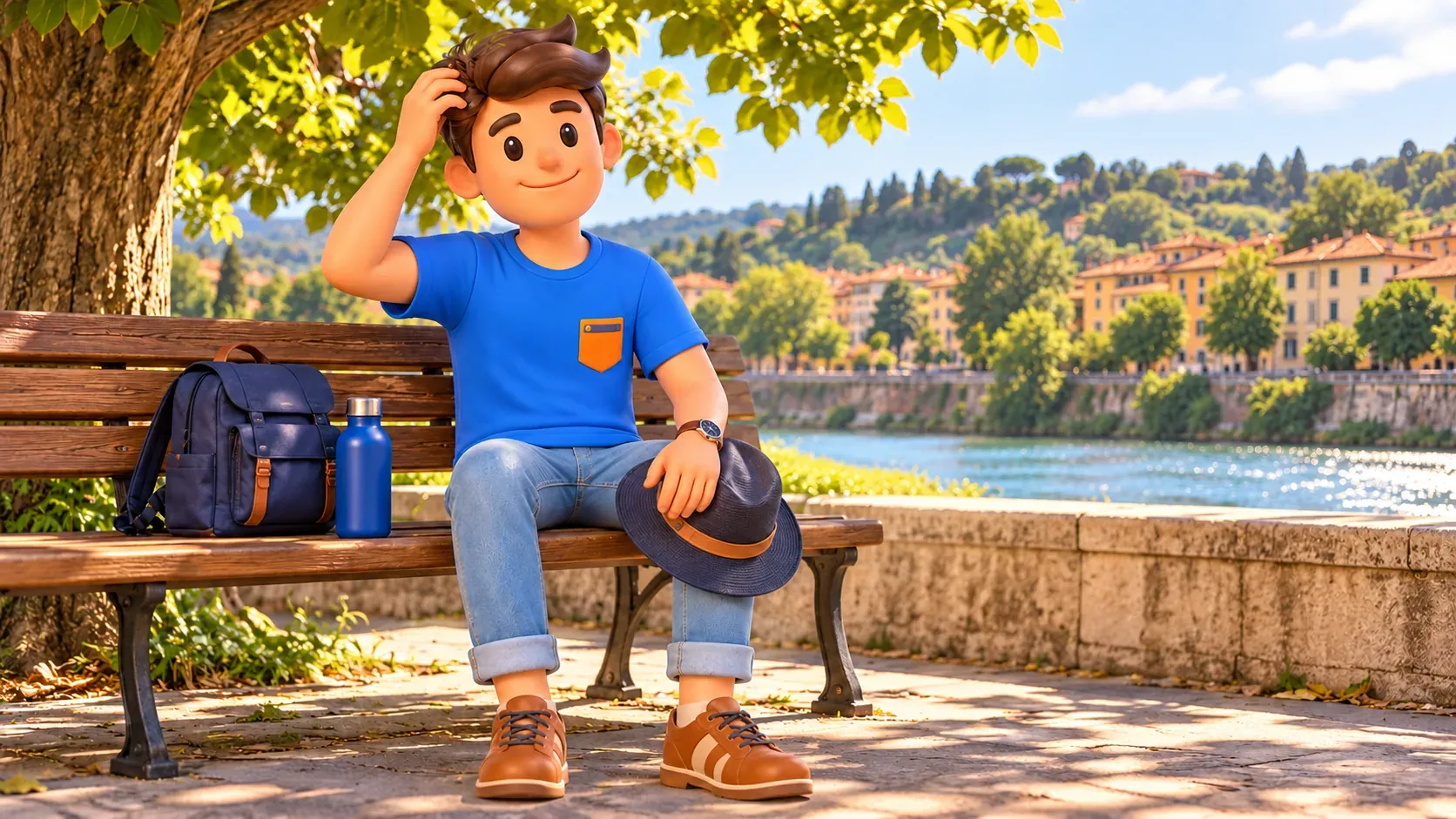 Illustration einer Pause auf einer Uferbank vor einem allgemeinen Stadtmotiv