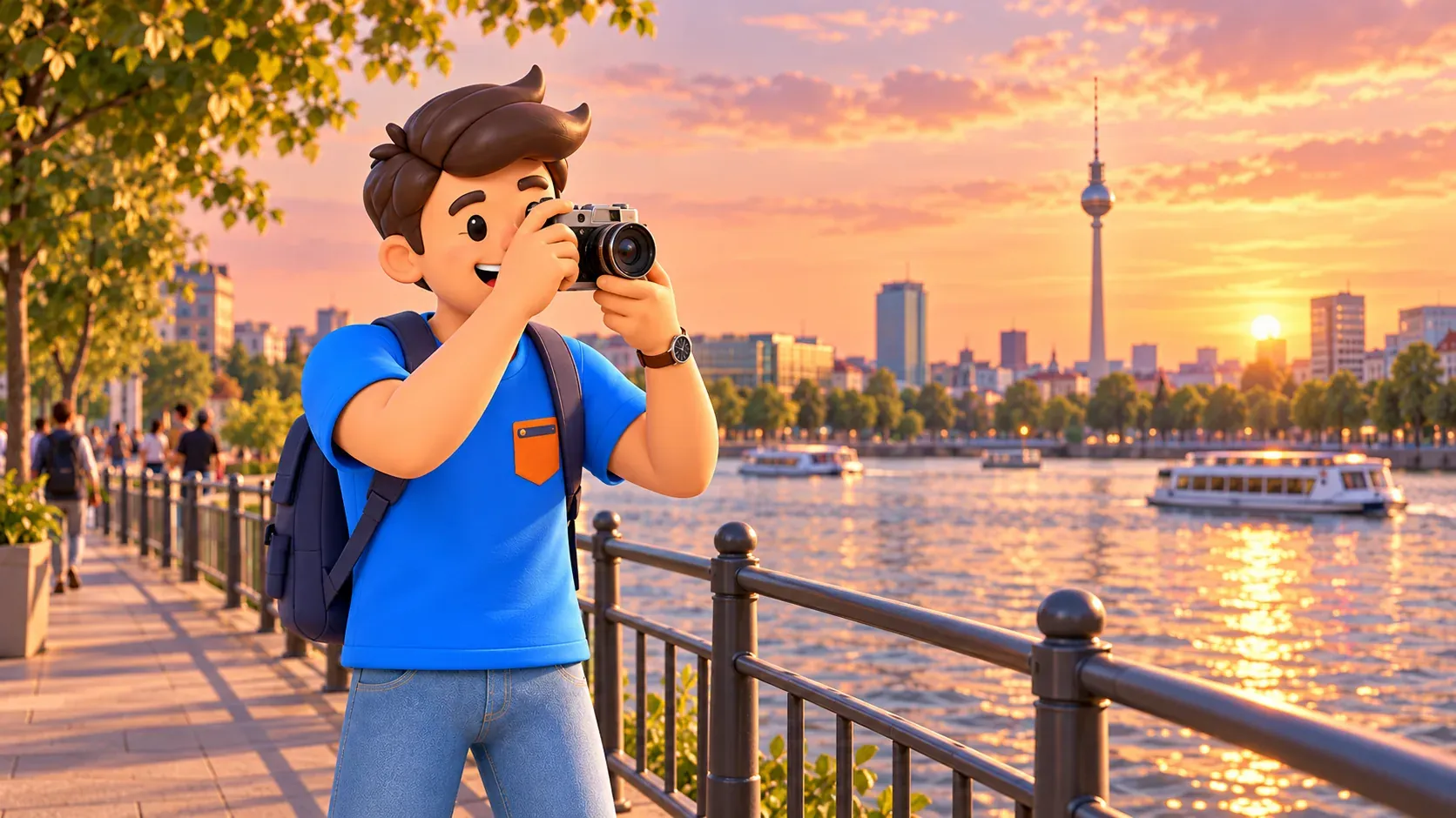 Ilustración de un viajero fotografiando en una ribera urbana con luz cálida de tarde.