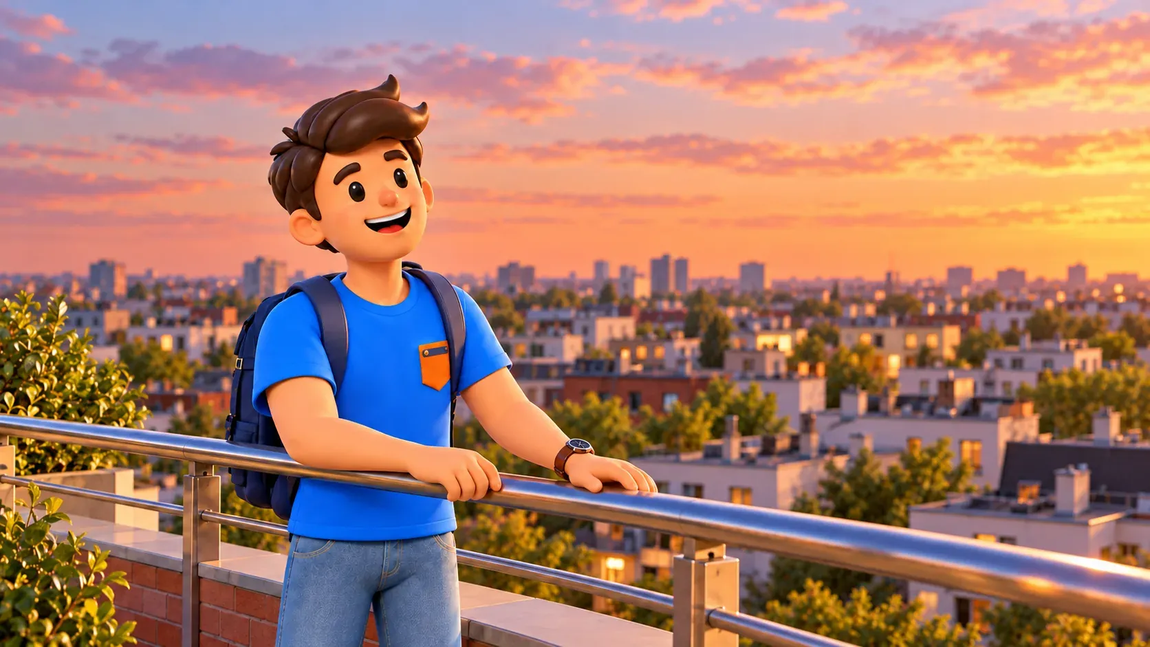 Ilustración de un viajero tras la barandilla de una terraza abierta ante un panorama urbano imaginario al atardecer.