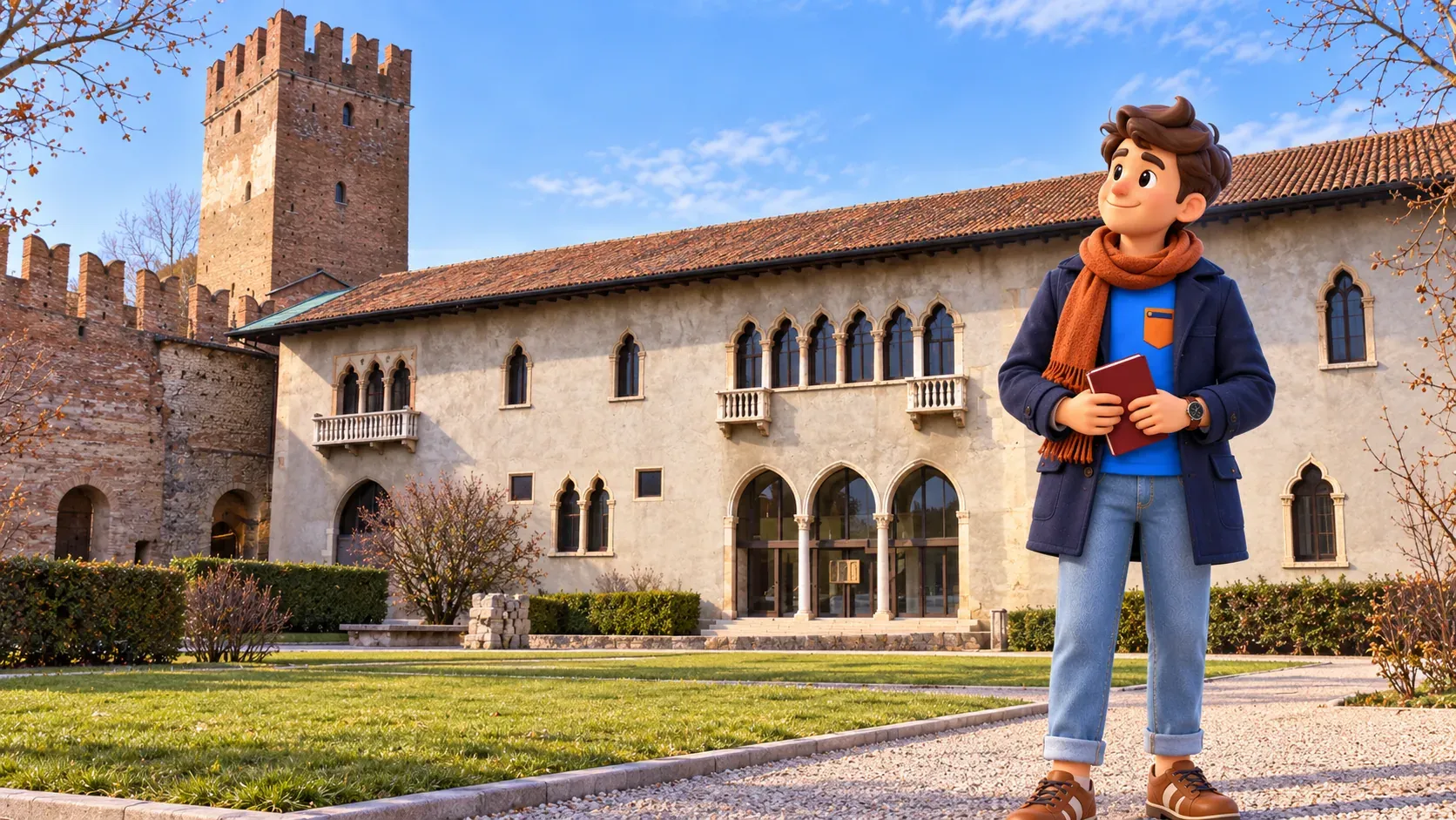 Illustration : voyageur avec un carnet dans la cour du musée de Castelvecchio