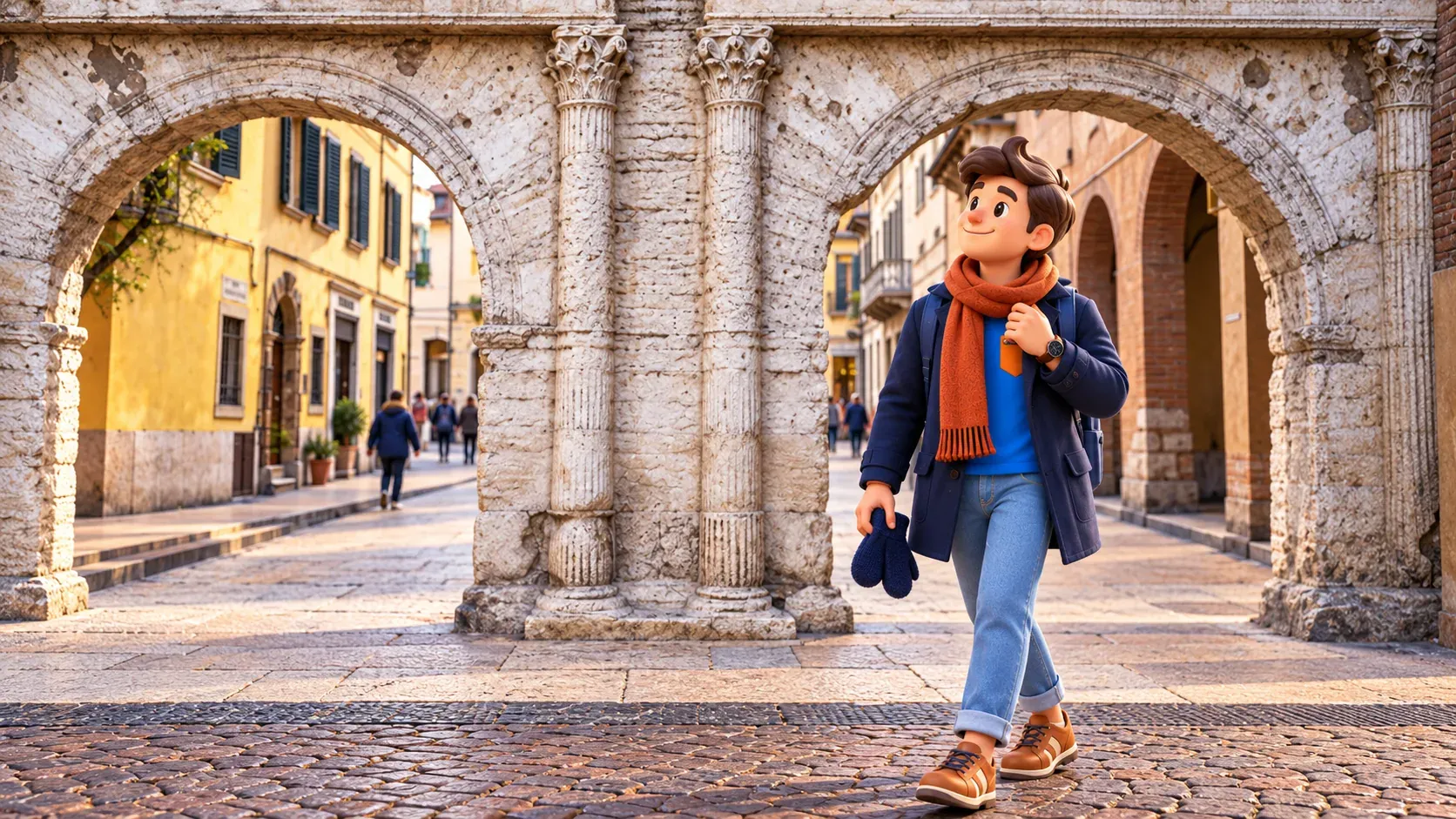 Illustration : promenade hivernale près des deux arches basses de Porta Borsari