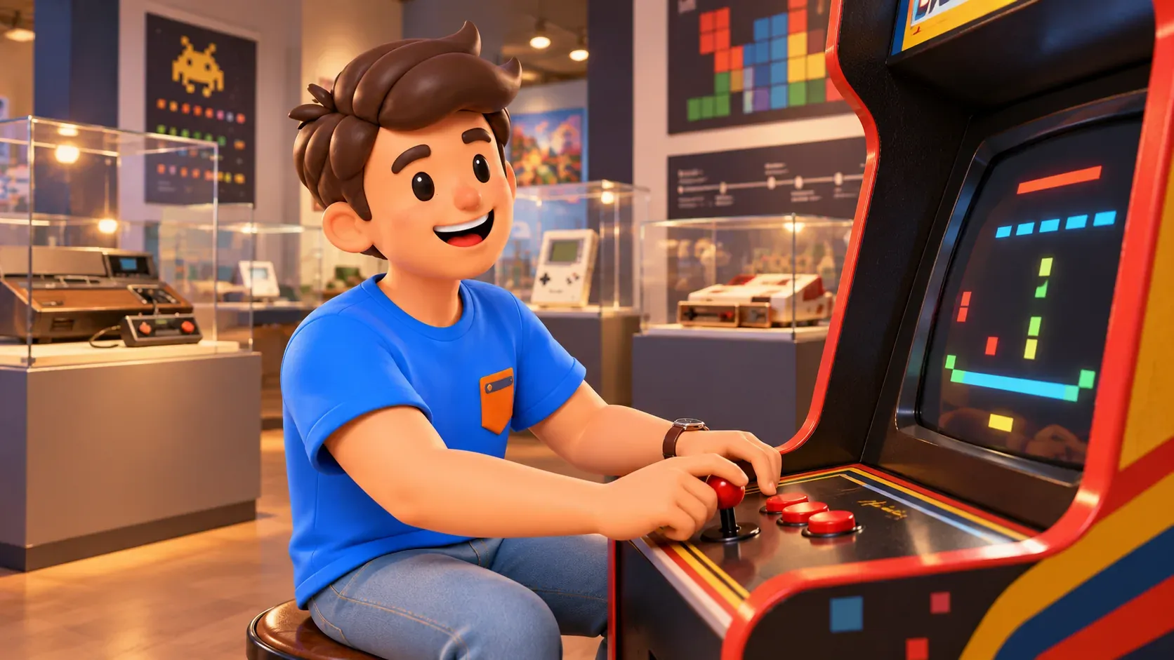 Illustration eines Reisenden ohne Rucksack an einem erdachten Retrospielautomaten mit abstrakten Farbfeldern.