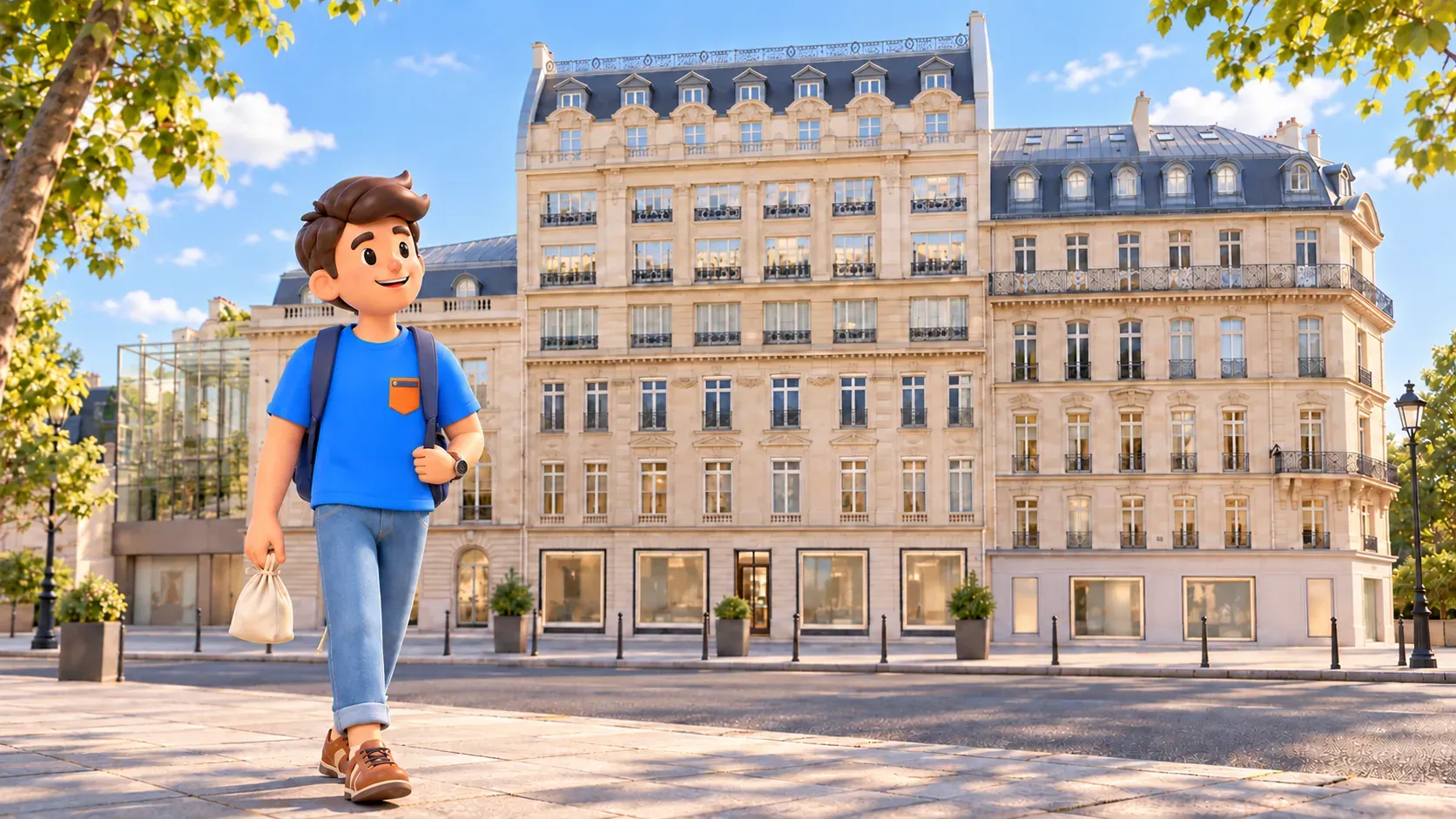 A traveler carrying a small cloth pouch walks on public pavement outside the historic Dior complex on Avenue Montaigne.