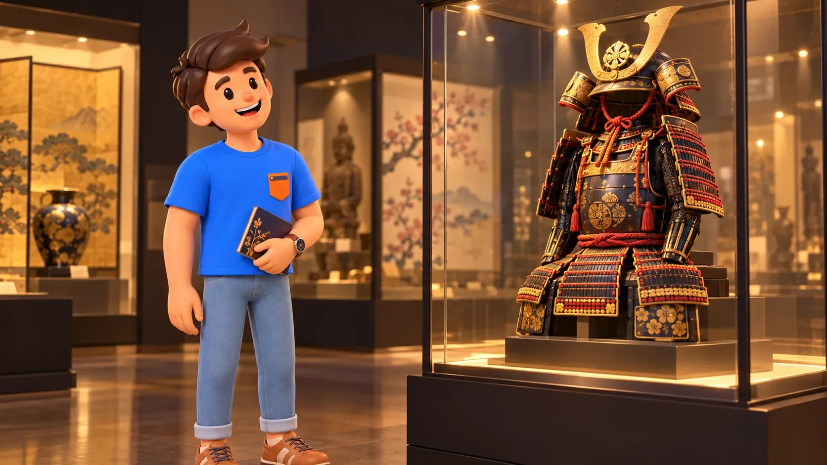 Illustration eines Reisenden ohne Rucksack vor einer erdachten japanischen Rüstung in geschlossener Vitrine.