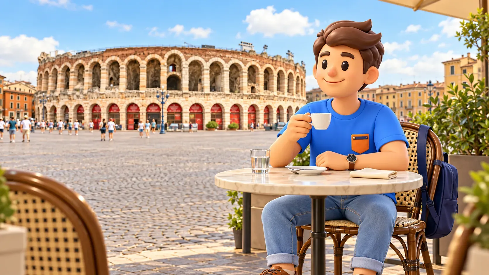 Ilustración: viajero descansando en una mesa con vistas a la Arena