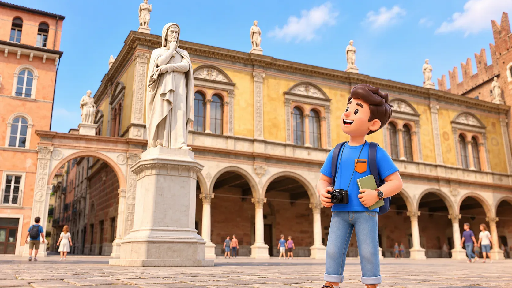 Ilustración: viajero contemplando la estatua de Dante en Piazza dei Signori