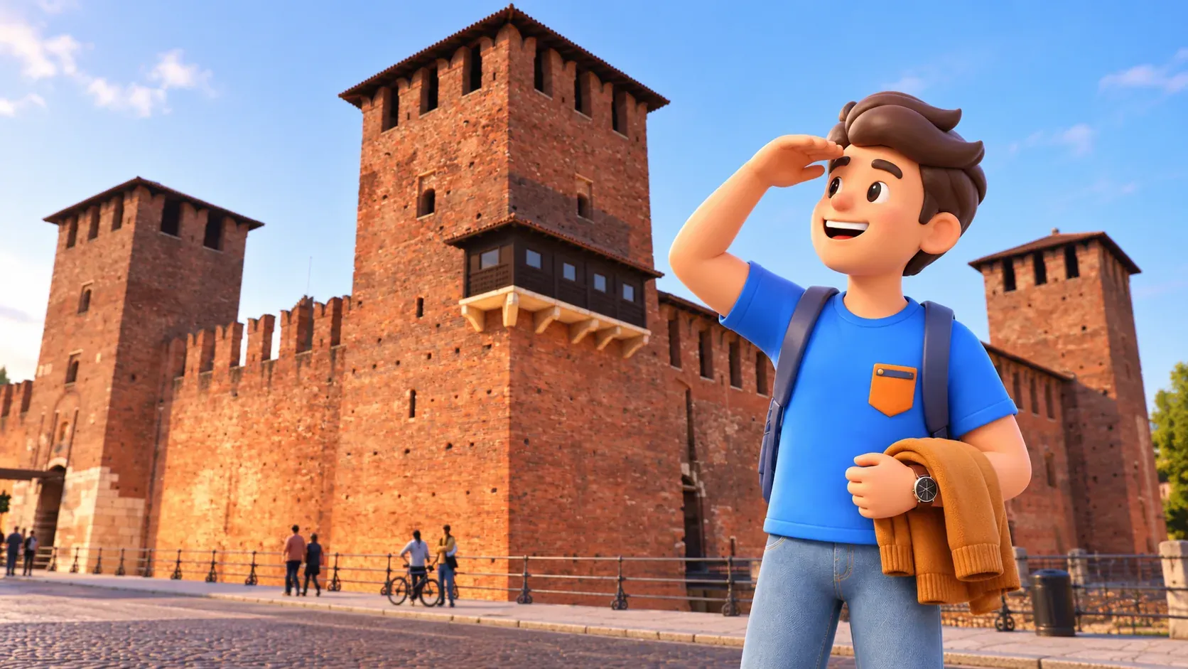 Ilustración: viajero observando Castelvecchio desde la calle