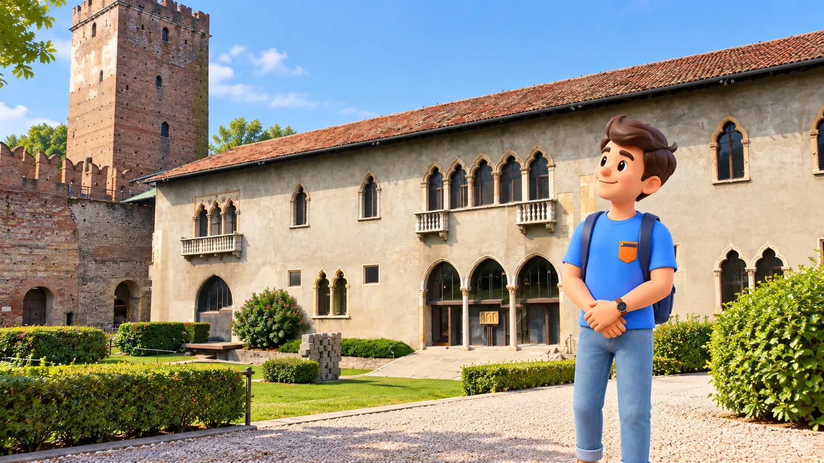 Ilustración: viajero observando la galería en el patio de Castelvecchio