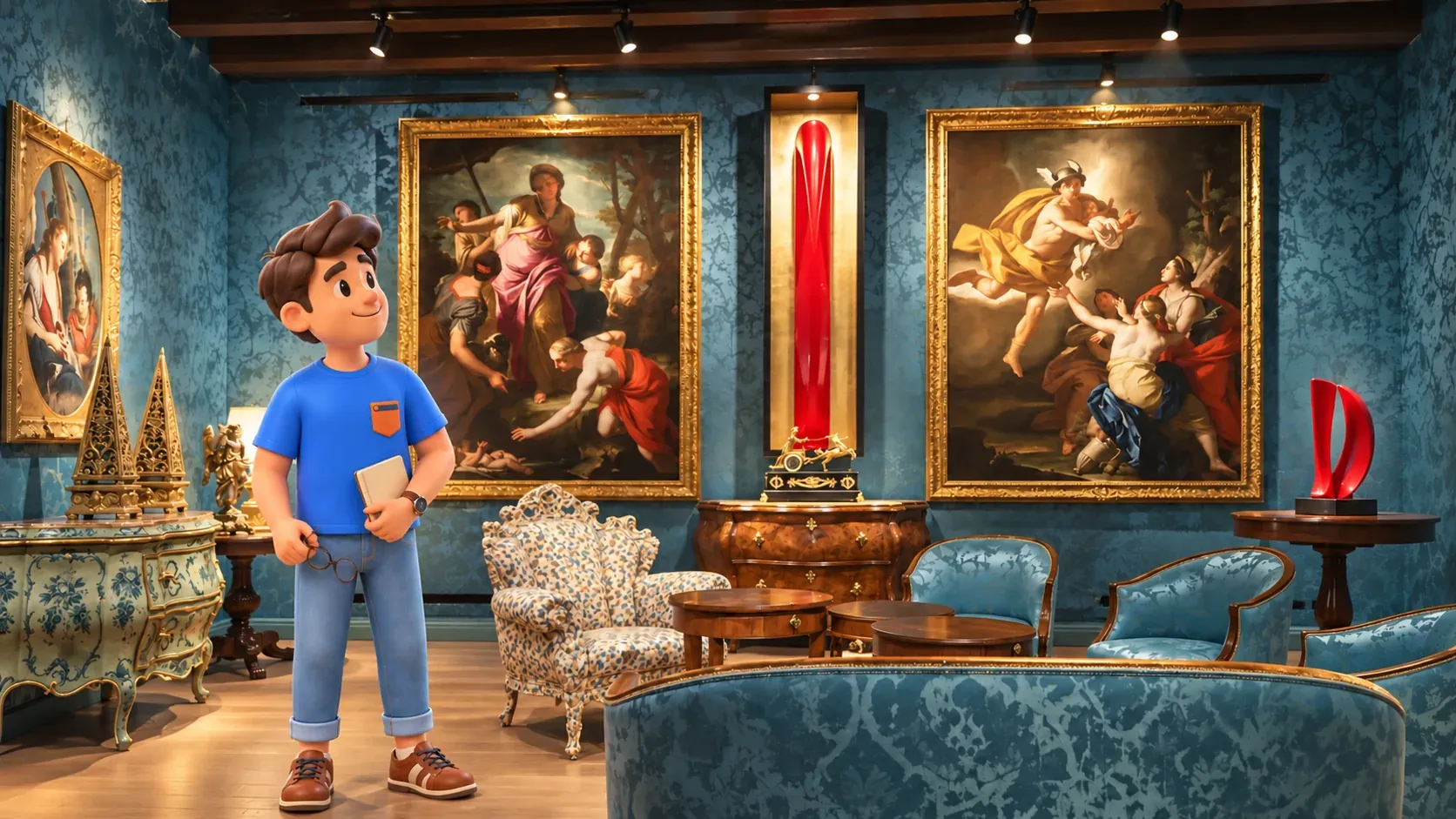 Ilustración: viajero en una sala inspirada en el interior de Palazzo Maffei