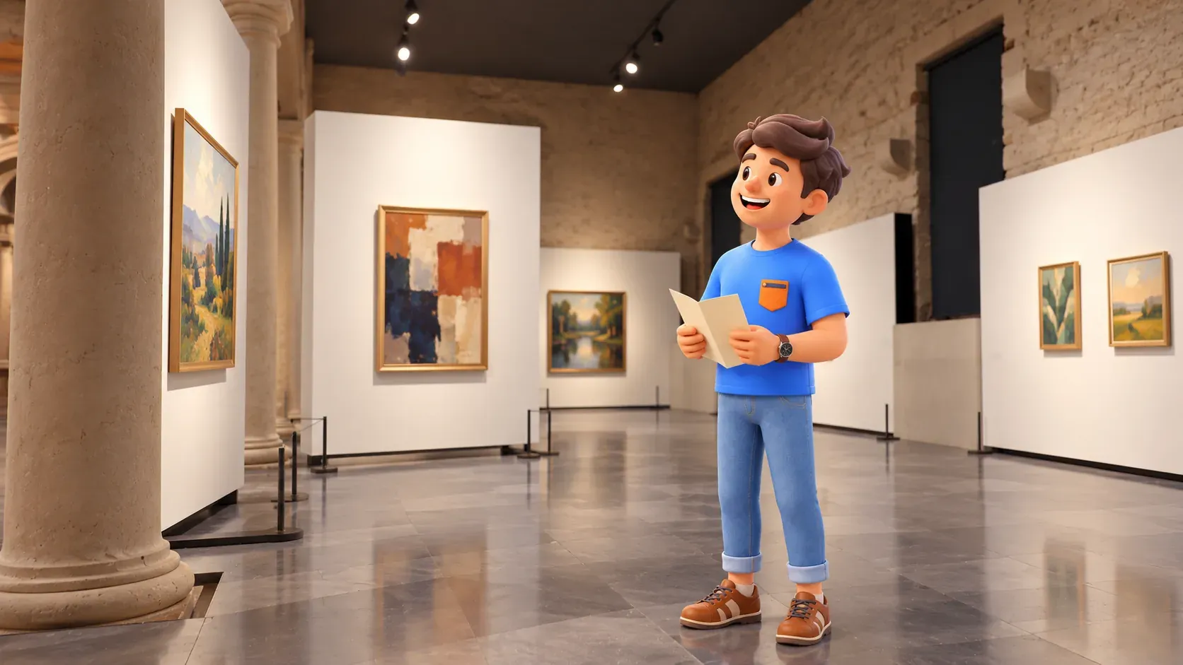 Ilustración: viajero con un folleto en una galería inspirada en la GAM Achille Forti