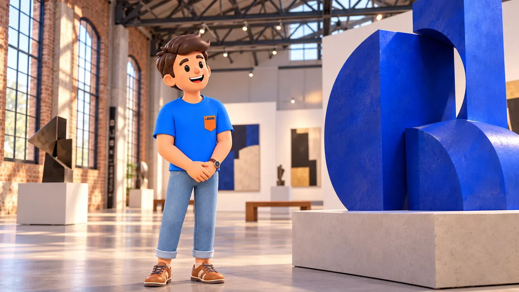 Illustration of a traveller viewing an imagined abstract sculpture in a fictional industrial art gallery.